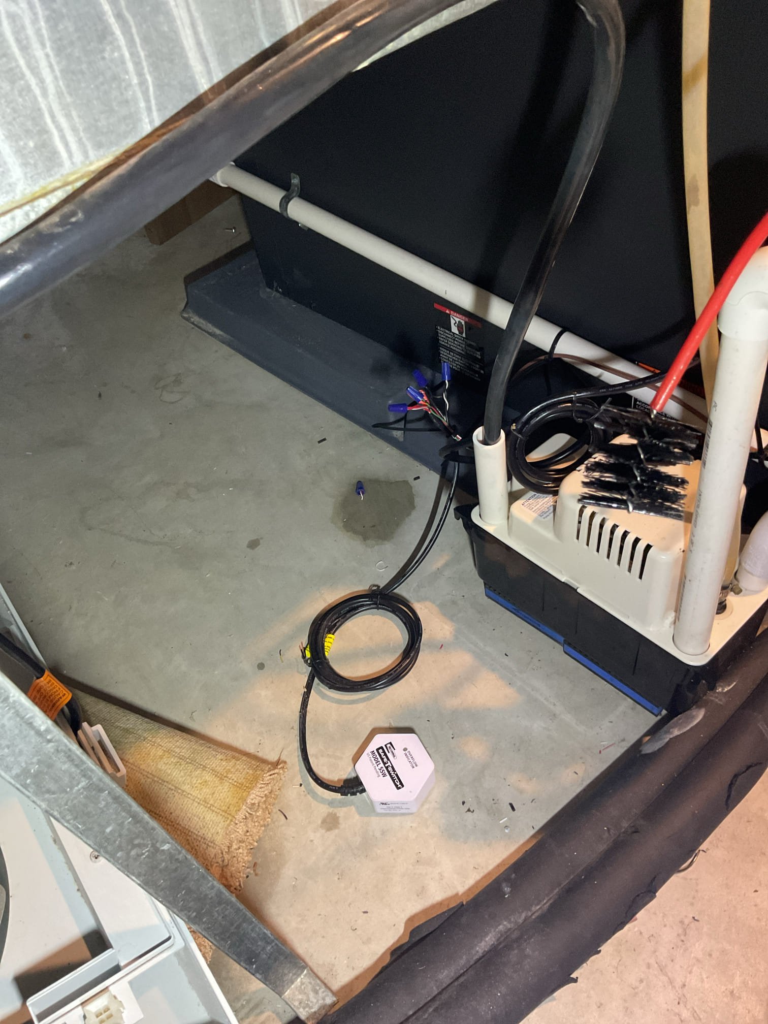 Luis 12-4-25 customer called into the office for no heat. Talk to customer upon arrival indicated that the thermostat was blank proceeded to the basement and found water sensor tripped. I trace water source and found vinyl tubing clogged from humidifier to condensation pump. Replace 3 feet of vinyl and test operation ok. I added humidifier to thermostat enough wires to make this happen. Show customer how to operate humidifier from thermostat. Test humidifier and condensation pump no more leaks. Cycle heat pump ok. 