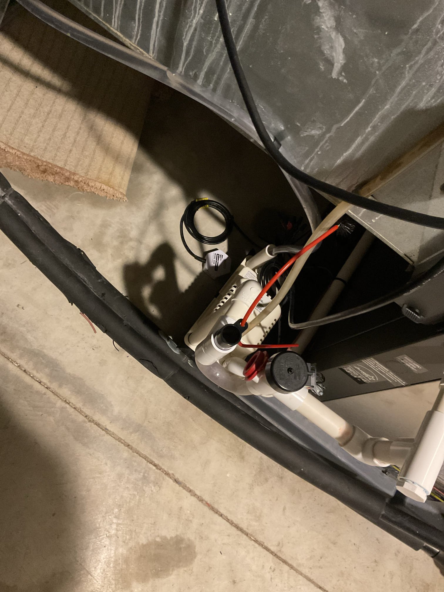 Luis 12-4-25 customer called into the office for no heat. Talk to customer upon arrival indicated that the thermostat was blank proceeded to the basement and found water sensor tripped. I trace water source and found vinyl tubing clogged from humidifier to condensation pump. Replace 3 feet of vinyl and test operation ok. I added humidifier to thermostat enough wires to make this happen. Show customer how to operate humidifier from thermostat. Test humidifier and condensation pump no more leaks. Cycle heat pump ok. 