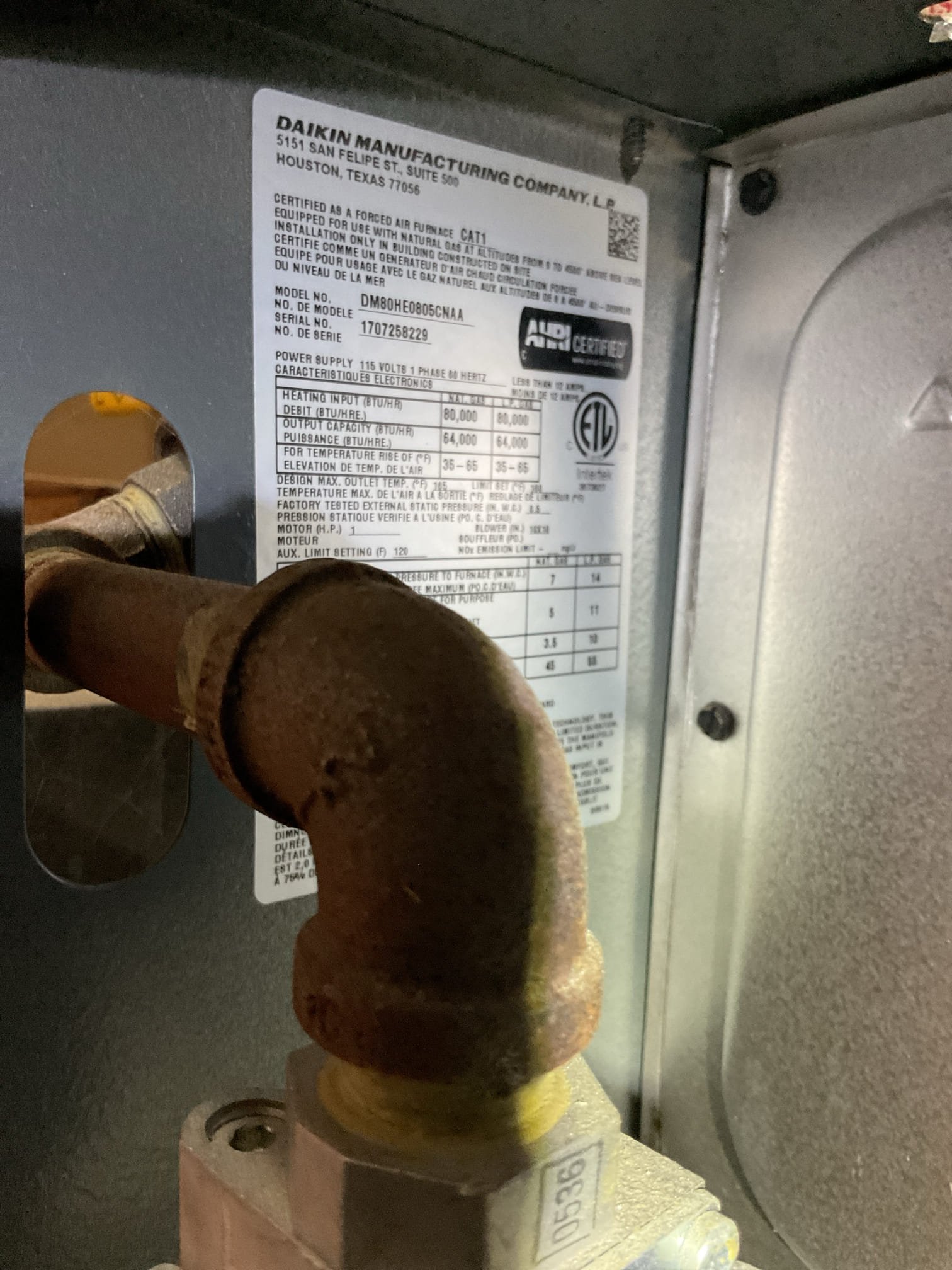 
Completed heat tune up for natural gas furnace.
80,000 BTU Standard efficiency

Replaced 20x25x1 filter
Inspected heat exchanger, burners, flue pipe, inducer assembly and hoses
Took apart flues and cleaned the white powered soot, very little to speak of. 
Inspected hot surface ignitor and verified resistance with meter
Cleaned flame sensor and verified flame rectification circuit
Measured temperature rise and static pressure
Checked wiring, controls, electric motors and components; furnace has surge protector
Checked manifold gas pressures
Inspected drain and pump. There is a condensate pump safety but no EZ trap. The bypass humidifier drain is also piped to the wrong spot. Better to be piped after the AC coil drain point or to its own port on the pump. Provided email estimate to repipe humidifier drain and estimate to repipe drain with EZ trap. 
Also provided email estimate to replace 120V condensate pump and vinyl tubing. Tubing discolored and has thin film coating on interior and p