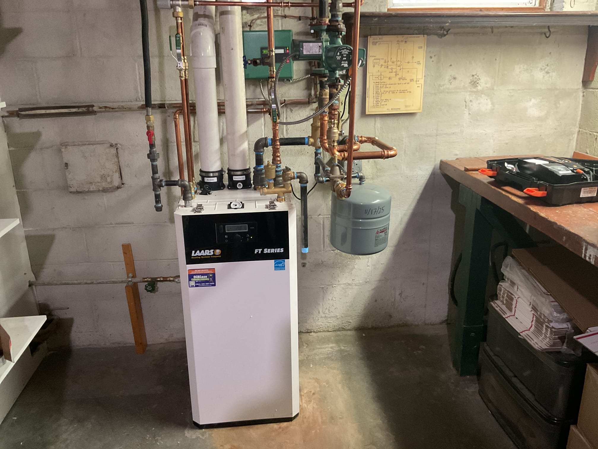 Performed quality assurance check on laars boiler. Checked all electrical connections and components. Tested both zones. Checked settings in boiler. Performed combustion test. Moved 3/8” vinyl tubing per homeowner request to zip tie to pvc instead of hot boiler pipe to prevent melting. Boiler is working properly at time of service. 