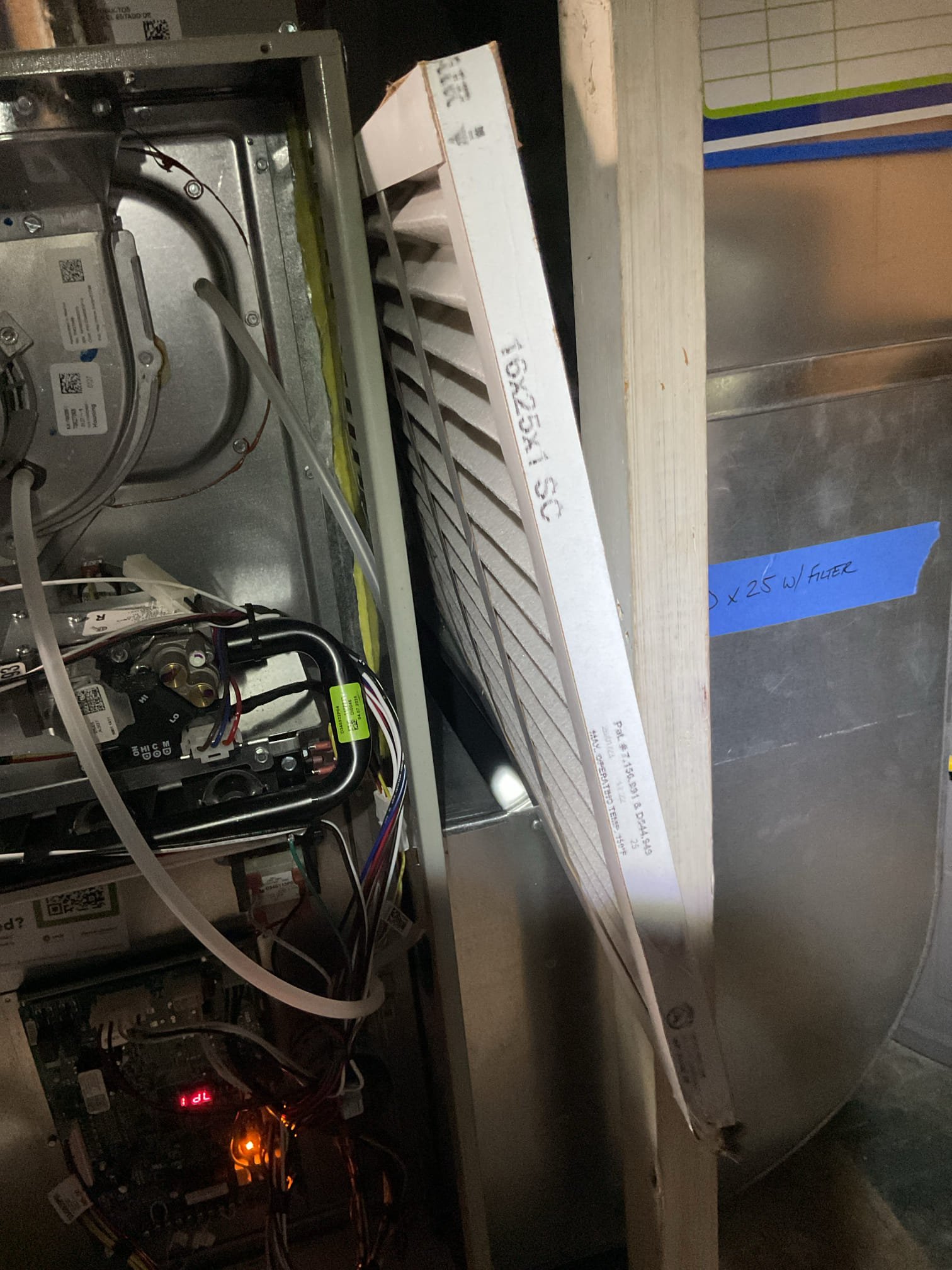 Luis 12-8-25 performed quality assurance on recently installed system. Check indoor and outdoor units. All electrical connections and components ok. Check heater operation settings on second stage delay ok CFM on heat and ac side ok. Test safeties ok. Check static pressure. Rerun side is very high in can be improve by adding different type of grill (floor metal grill and making the opening bigger). See photos. We can also increase return flexes to 8 currently 7 in (2). I also replaced filter. Customer will set up WiFi later on. I showed customer how to operate Settings on thermostat. Customer also would want to move unit coupe feet away from door see photos. Joe is aware this. 