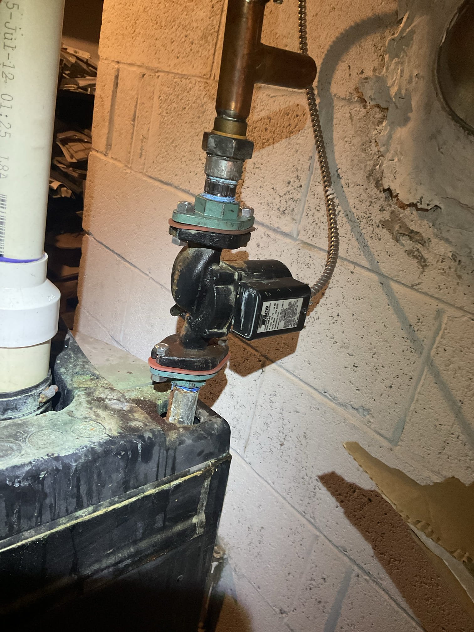 Luis 12-10-25 replacement of EZ up primary piping manifold.  Circulator flange replacement.  Drain, refill, and purge included. Adapted circulation pump to new manifold. Add water and check for leaks ok no leaks present. I bleed all three lines and test operation ok cycle boiler ok. I noticed gas valve assembly leaks gas at some times. Would recommend replacement of gas valve assembly. Quoted for repairs. I will talk to Joe about this call we will send an estimate to replace boiler, 