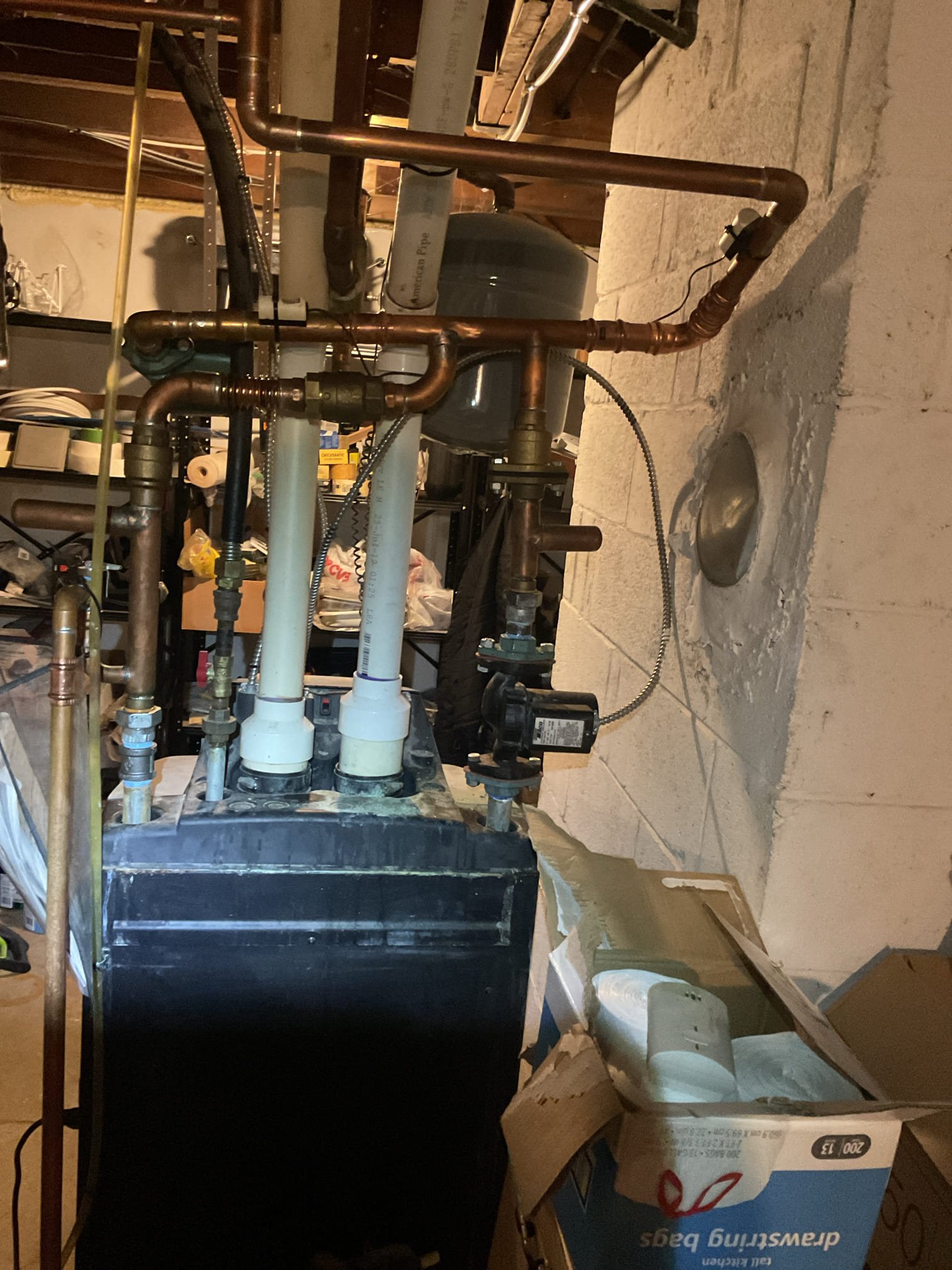 Luis 12-10-25 replacement of EZ up primary piping manifold.  Circulator flange replacement.  Drain, refill, and purge included. Adapted circulation pump to new manifold. Add water and check for leaks ok no leaks present. I bleed all three lines and test operation ok cycle boiler ok. I noticed gas valve assembly leaks gas at some times. Would recommend replacement of gas valve assembly. Quoted for repairs. I will talk to Joe about this call we will send an estimate to replace boiler, 