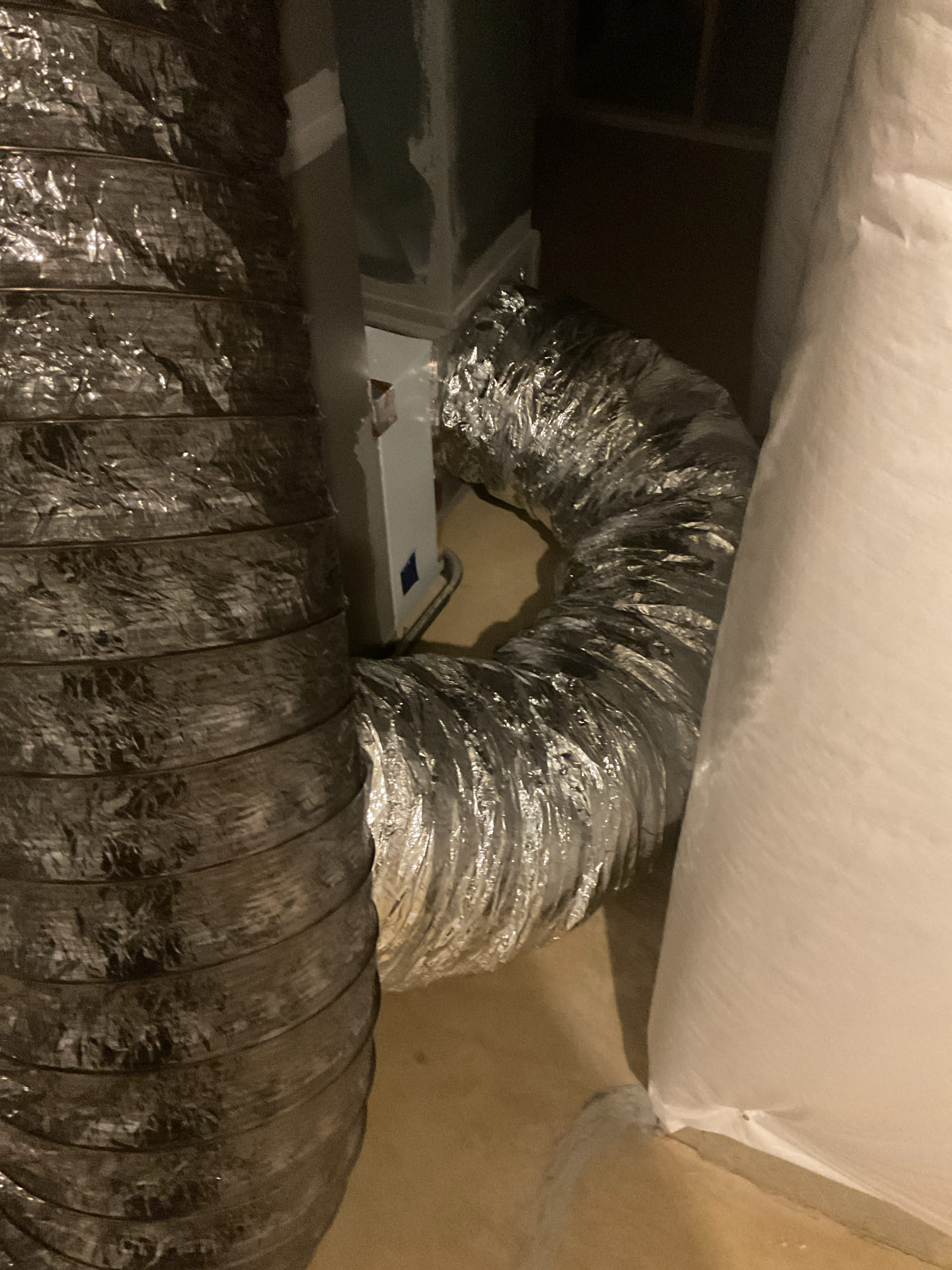 I arrive to the customers home to remove the round metal duct coming off of the dehumidifier, which would create the sound through the returns on the 1st floor. I removed all of the 10 inch round metal and ran r8 10 inch flex from the dehumidifier to the return. I secured each end with wire ties and tightened and secured with strapping if needed . I turned the dehumidifier back on to the system.  Customer said there’s no more noise very quiet. Customers very happy with the results. no charge under warranty. 