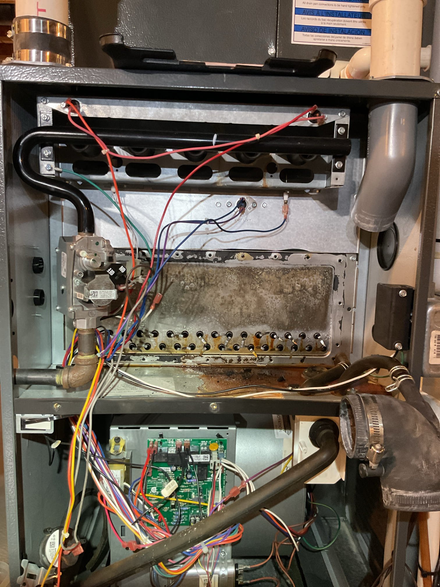 12/10/25
Barry

Found leaking secondary cover plate Daikin single stage natural gas funace,
The water from the leak makes it way through that compartment and then into blower compartment and ultimately the floor via the screw holes from screws that are anchoring the blower motor housing.

Offered to disassemble and remove cover plate, caulk with high temp caulk then reinstall.
Homeowner agreed. At the same time, in same conversation I offered and explained plan membership. Homeowner agreed,
. 
Completed work as described above then ran furnace for 20 min or so. I believe caulking cover plate worked. No water in compartment after run time.
Also checked gas pressure and performed combustion test: Pass

System operating well at this time. 

Homeowner paid for balance today. 