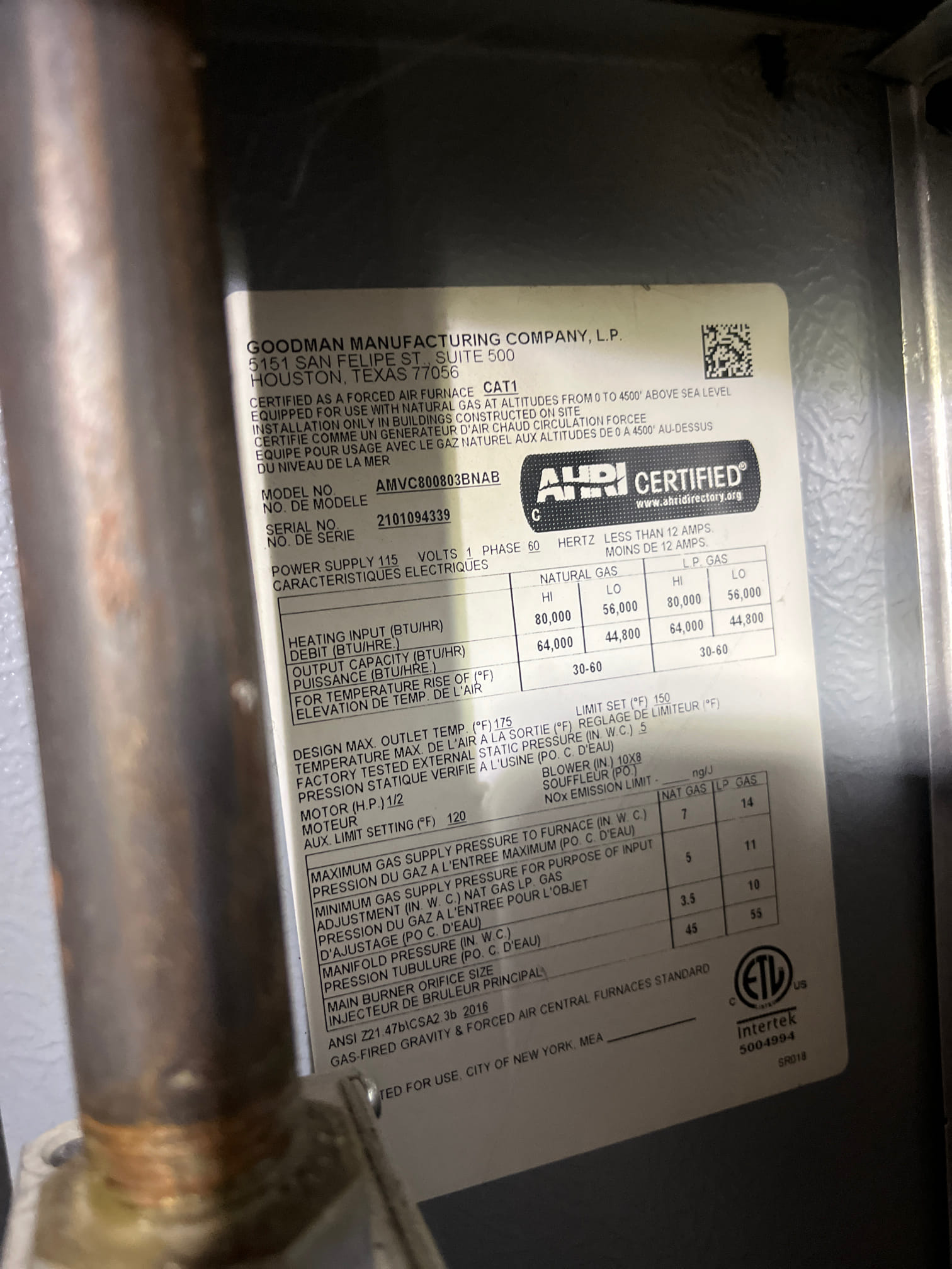 12/11/25 - Luis & Liz 
Heating checkup on an 80% 4 year old Amana furnace. 

Starting by checking all of my electrical connections including voltage, blower amps and inducer amps, as well as testing the ignitor. Cleaned and tested flame sensor, all electrical components are functioning properly. 

Humidifier was serviced today, water panel size is 35. EZtrap was cleaned out and filter was replaced. Visually inspected blower components as well as burners, all are in good condition. 

Tested static and found a total static of .8inwc, which is in good range. Also tested return and supply temperatures and found a temp rise of 60, in appropriate range. Ran a combustion test and combustion is in good range. 

System is functioning properly at time of service 