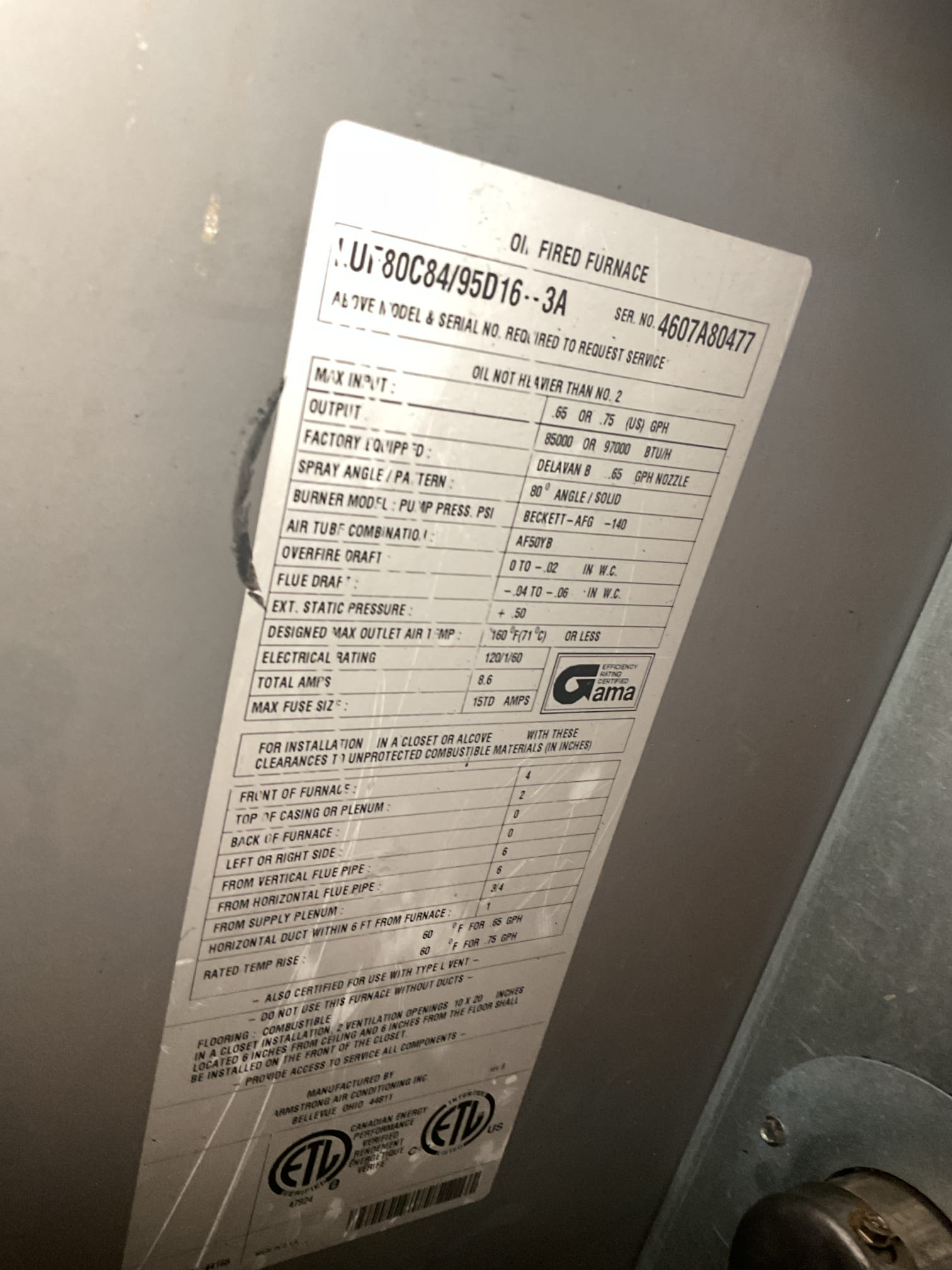 Performed precision oil tune up on Armstrong oil furnace. Replaced 16x20x1 air filter, .50x60a nozzle and Rf1 oil filter. Checked temperature rise. Vacuumed soot from heat exchanger and smoke pipe. Performed smoke and combustion test. Would recommend upgrading oil furnace. Oil furnace is working at time of service.