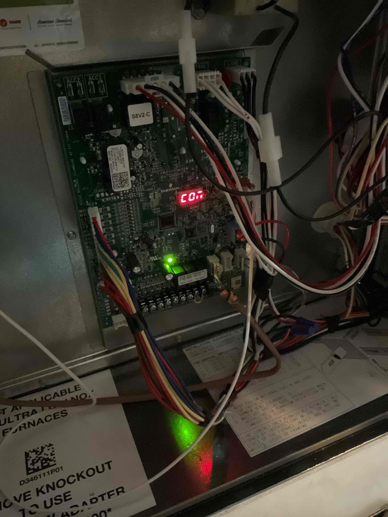 Arrive for customers, gas furnace, not firing off. Found no errors on the thermostat on the trane link I went to the furnace in the basement had a CO I believe a N letters were missing. Cannot push to scroll through board commands to see error. Codes had the same issue at a previous unit earlier today. I did get a hold of Ferguson tech-support for tonight they recommended replacing the control board, the system is running at this time of service but will need to order the board for the . No charge for tonight warranty.