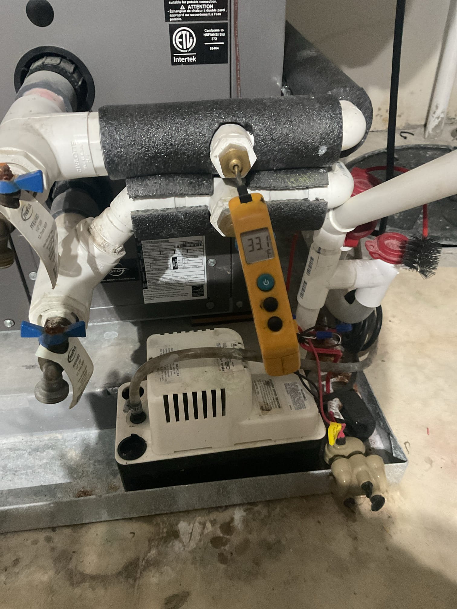 Fully assessed no heating situation on pump and dump geothermal. Gave system a call for heat geothermal came right on. Checked temperature rise it was 26 degrees. R 410a refrigerant pressures were 337/90. Checked loop temperatures they were 55  degrees water in and 33 degrees out. Would recommend performing repairs provided by previous technician and insulate piping and replacing water solenoid valves 3/4”. Water out temp is low and this could cause lock outs due to not enough water flow through coax coil. There were no lock out codes present while I was on site. Geothermal is working but could lock out if loop gets too cold. 