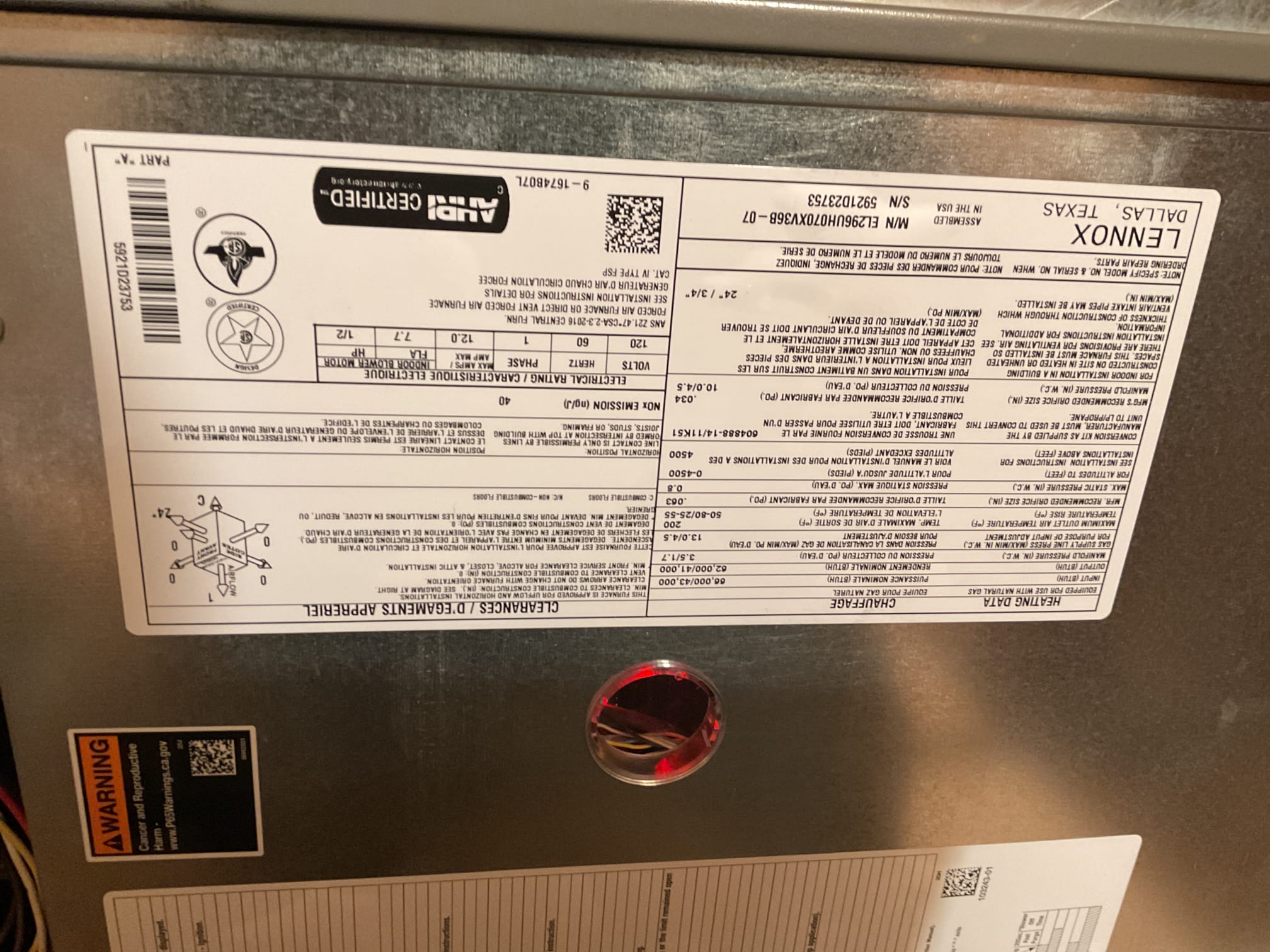 Performed precision heat tune up on (2) Lennox propane gas furnaces. Replaced 20x25x4 air filter for basement furnace, provided by homeowner. 16x25x5 filter homeowner is going to replace. Checked all electrical connections and components. Checked gas pressure. Cleaned flame sensors. Checked resistance of hsi. Inspected heat exchangers with camera.  Found no surge protection on ethier system both have variable speed motors, provided estimate to install. Inspected burners. Provided estimate to replace non working humidifier with Aprilaire 620 humidifier. Performed combustion test. Both furnaces are working at time of service.  Basement furnace is 12 years old would consider replacement. 