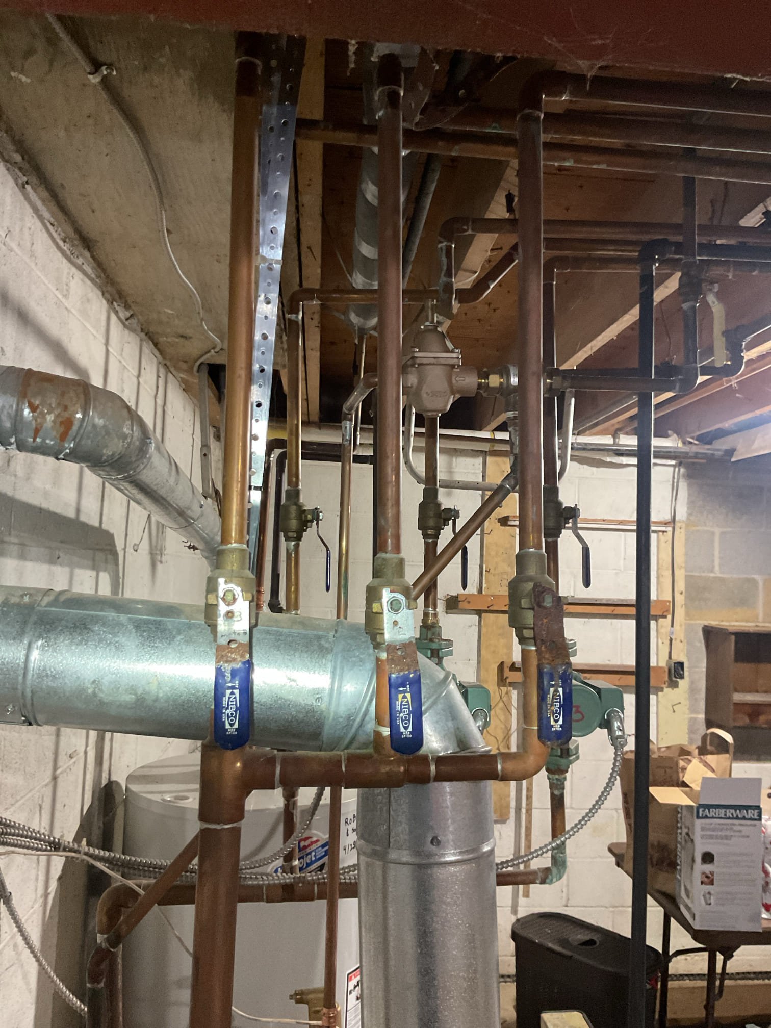 Expansion tank and pressure relief valve.

12/12/25
Isolated boiler using available valves.
Drained boiler as necessary.
Removed failed pressure relief valve and installed new with proper piping.
Removed failed expansion tank. Tank was seized in the 1/2” tee so I had to cut out additional fill piping and repipe with a couple new fittings. Installed new hydronic expansion tank pressurized to match boiler pressure 18 psi. Includes isolation valve
 
Filled and purged isolated boiler. Afterwards tested all zones and the functionality of the spirovent air eliminator. Good

Told Mr. Chillman that yes the dining room thermostat is a heat zone thermostat as well as the AC/air handler thermostat. Select mode: Heat and then set setpoint temperature to heat that zone. 

Second floor thermostat not working. Provided email estimate for appropriate thermostat. She said they rarely use that thermostat but estimate is there if they need it. 

Opening the baseboard louvers will he.p greatly with heatin