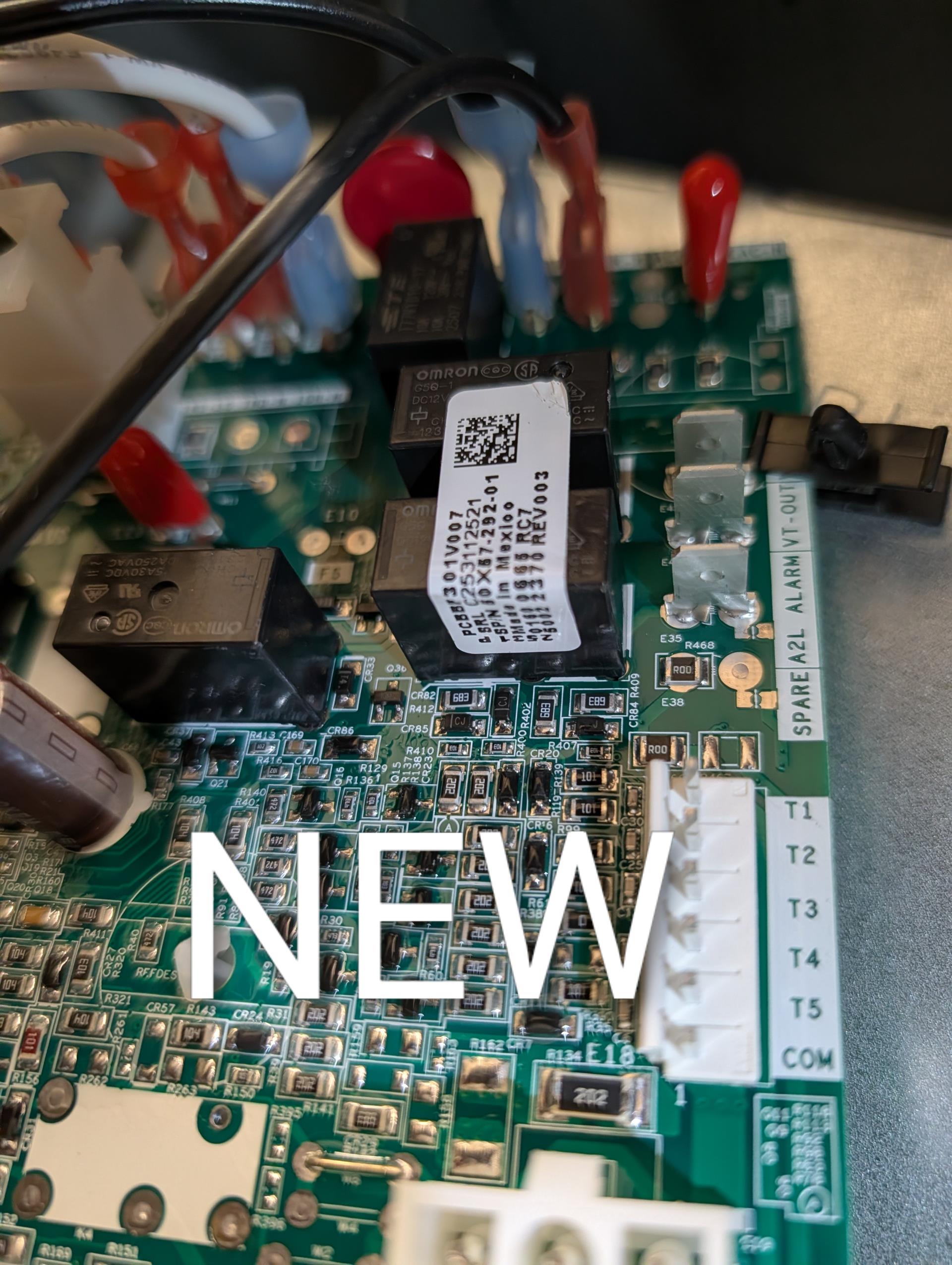 Installed control board under warranty.
Configured new control; Set fan speeds in heat and cooling.

Afterwards powered on system and tested.

Left thermostat set to “Heat 72”

System operating well at this time. 
