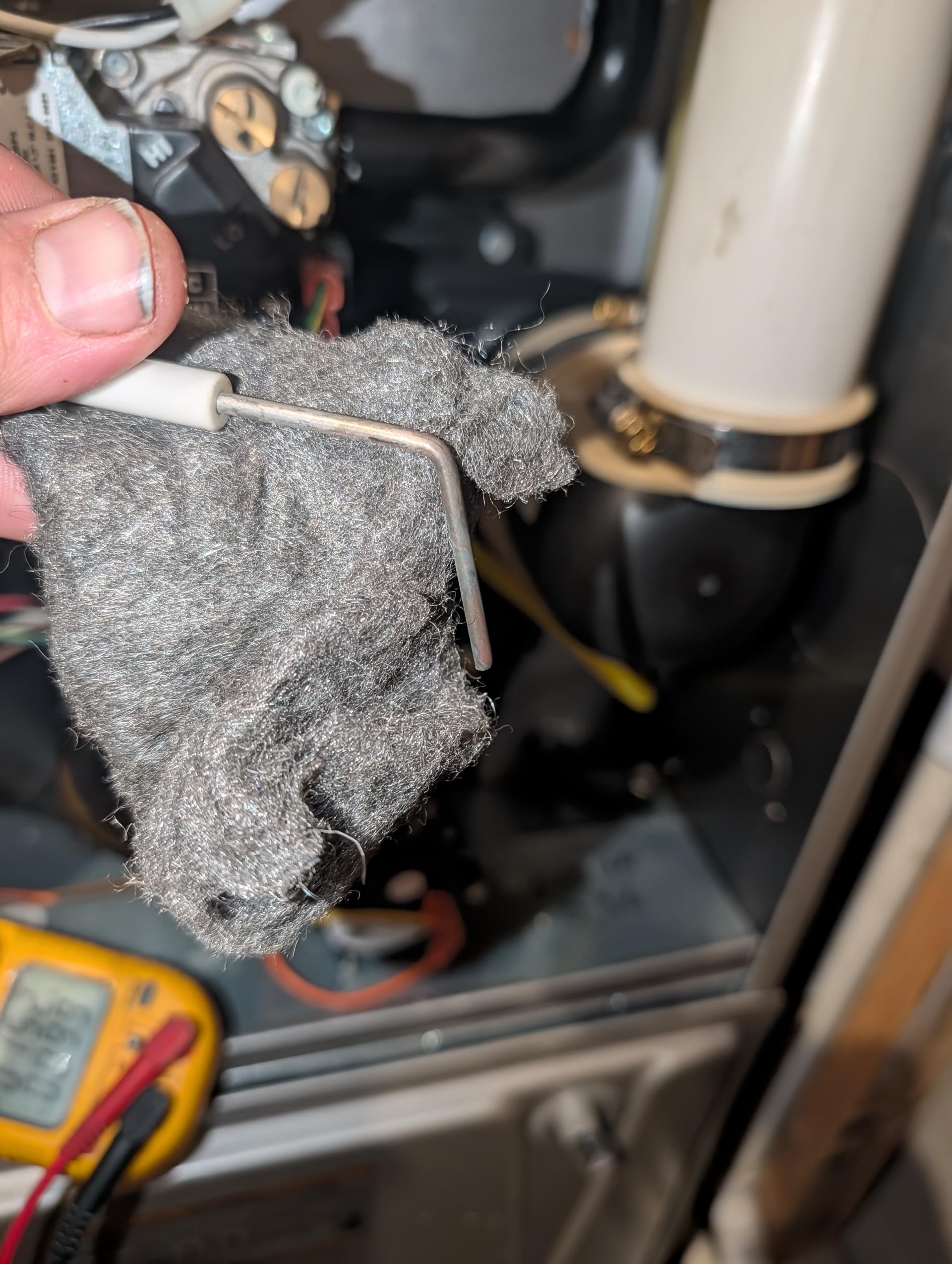 
Completed (2) heat tune ups for natural gas furnaces. 

Replaced 20x25x5 filter provided by Carole for 1st floor system,
16x25x1 filter for 2nd Floor System ok

For EACH funace:
Inspected heat exchanger, burners, flue pipe, inducer assembly and hoses
Inspected hot surface ignitor and verified resistance with meter
Cleaned flame sensor and verified flame rectification circuit
Measured temperature rise and static pressure
Checked wiring, controls, electric motors and components; there are no surge protectors; left estimate for a surge protector for each of the 2 main circuits of system
Checked manifold gas pressure
Inspected drains trap, Left estimate for (2) overfill protection pan safeties.( 1 for each system)
Also left estimate for wet switch for second floor system.

Completed humidifier maintenance for first floor system humidifier: new 35 water panel, cleaned housing, set humidistat to 30%, opened bypass damper.

The air scrubber cell for 1st floor system is due for replacement. P