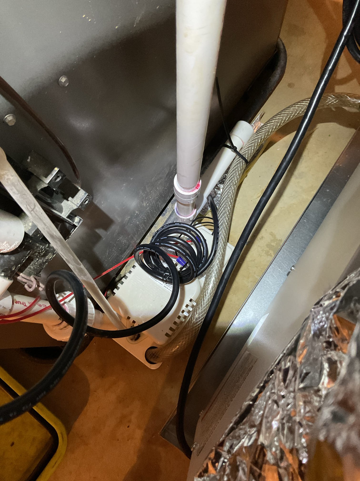 Luis 12-15-25 customer called in for intermittent issue with heat, upon arrival customer stated he has to go down to condensation pump and move it, once he move the pump unit comes on. I test pump couple times it did not failed on me. Customer also stated he has to do that couple times per day. According to customer statement would recommend replacing pump. Customer approved repairs. After replacement of pump, test operation of pump ok. Wired safety to heater I also added 3/4 pvc union for service purposes, cycle heater and unit did not failed any time. System is working properly at the time of service. 