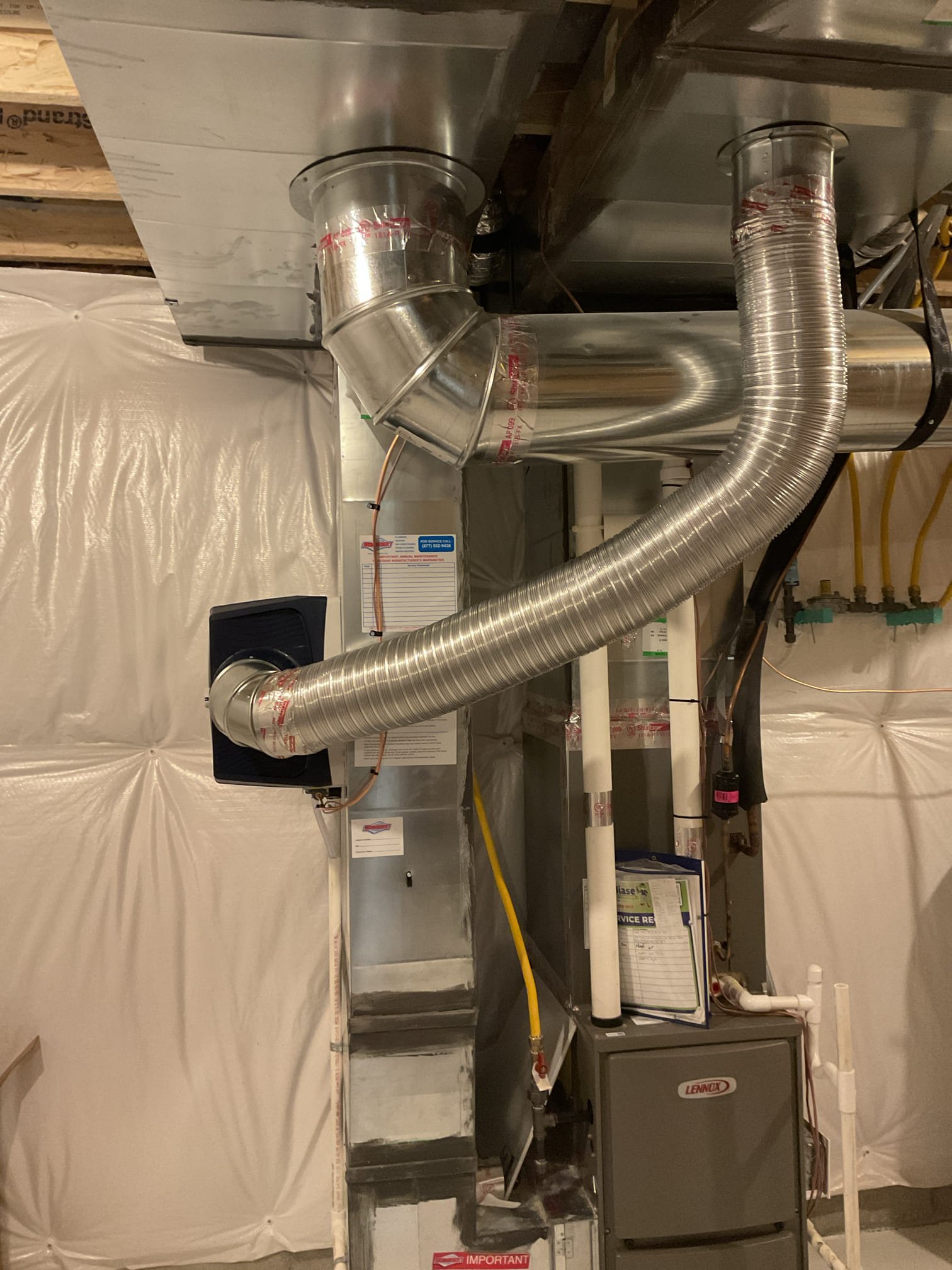 Install new humidifier 620 . Ran new water line and drained water heater slightly to add a 1/4 shut off. Ran bypass piping and ducted into the supply back to the humidifier. Ran water drain 3/4 pvc to an existing drain line going to the sump pump. Ran thermostat wire and installed a ecobee premium  thermostat for operation with the humidifier. Duct work had to cut out the return and mount the humidifier housing and caulk. Once everything was installed , Nate from the office swung in to give me a hand .  I cleaned up all the trash and began testing the humidifier. Had an issue with one wire but was able to resolve . The humidifier is up and running at this time and is set at 45% . Collected for balance for the humidifier at 620.18 and the ecobee thermostat, per office sold for 500.00 paid  by cc. 