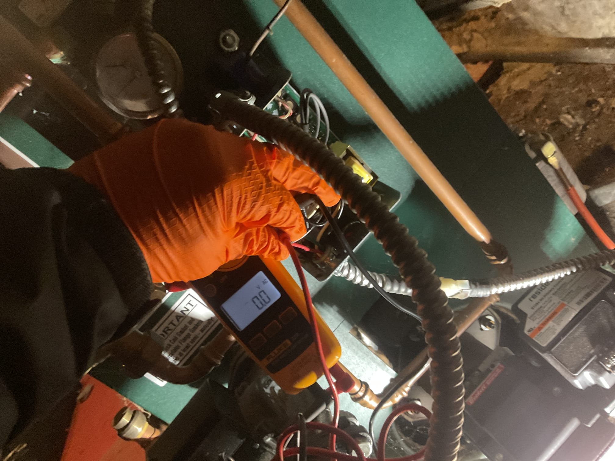 Fully assessed no heating situation. Found as I was on site the basement lights kept turning on and off on their own. Check for power at the aquastat and had no power going to the boiler at all. Breakers were on in the panel. Called landlord and told him he definitely needs to get an electrician. There is also no power going to the well pump. Bob is going to call an electrician to get things straightened out. Do not know if anything is wrong with the boiler until power is restored.