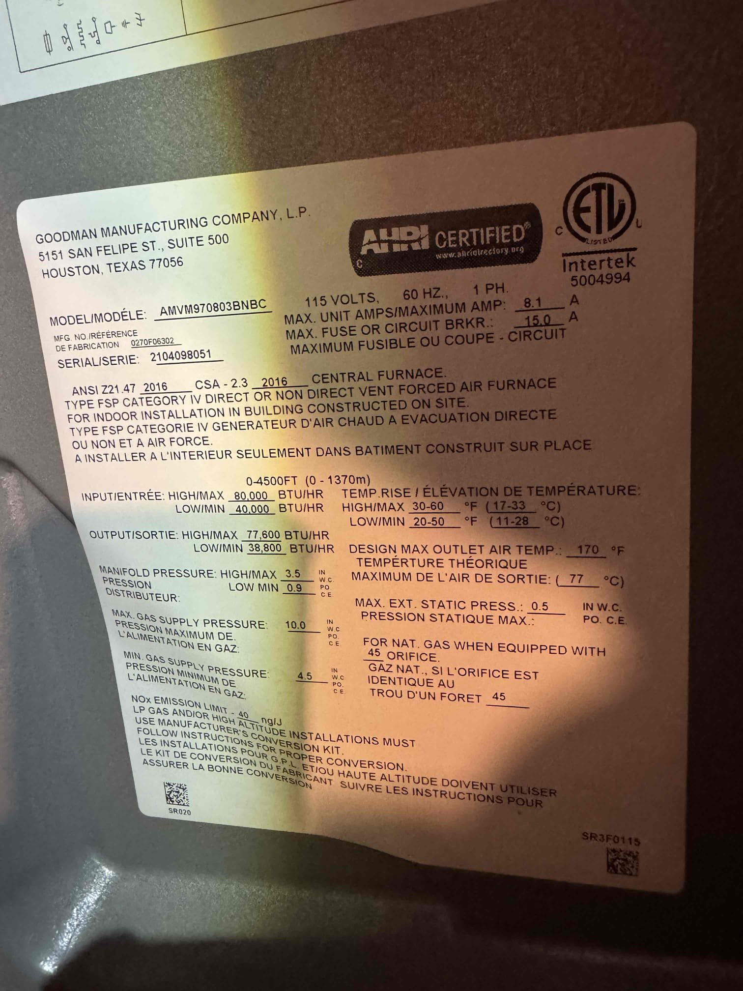 Found no surge protection on blower motor, installed Ecm surge protector. Also performed precision heat tune up amana gas furnace. Replaced aprilaire 413 air filter. Checked all electrical connections and components. Checked temperature rise. Cleaned flame sensor. Checked resistance of hsi. Inspected burners. Performed combustion test. Gas furnace is working properly at time of service. 