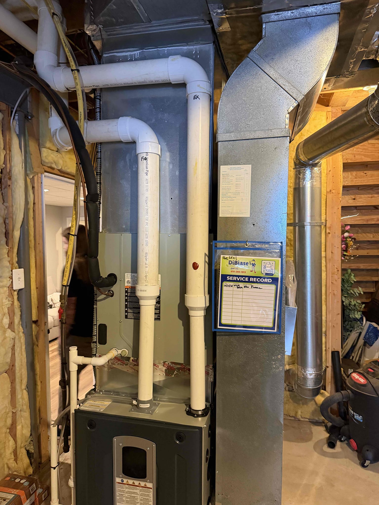 Installed new 50gal natural gas water heater. Placed water heater in drain pan with water alarm. Adapted hot and cold domestic water lines to water heater. Replaced expansion tank and adapted gas line. 

Installed new trane gas furnace. Reused return and built new transition between coil and furnace. Adapted high volt and installed new outlet and switch. adapted flue pipping and gas line to furnace. Reused existing condensate line and condensate pump. Ran new vinyl tubing from condensate pump to sewer line located in basement. Reused existing thermostats and wired in low voltage with safeties. Cleaned up work area and tested out equipment.