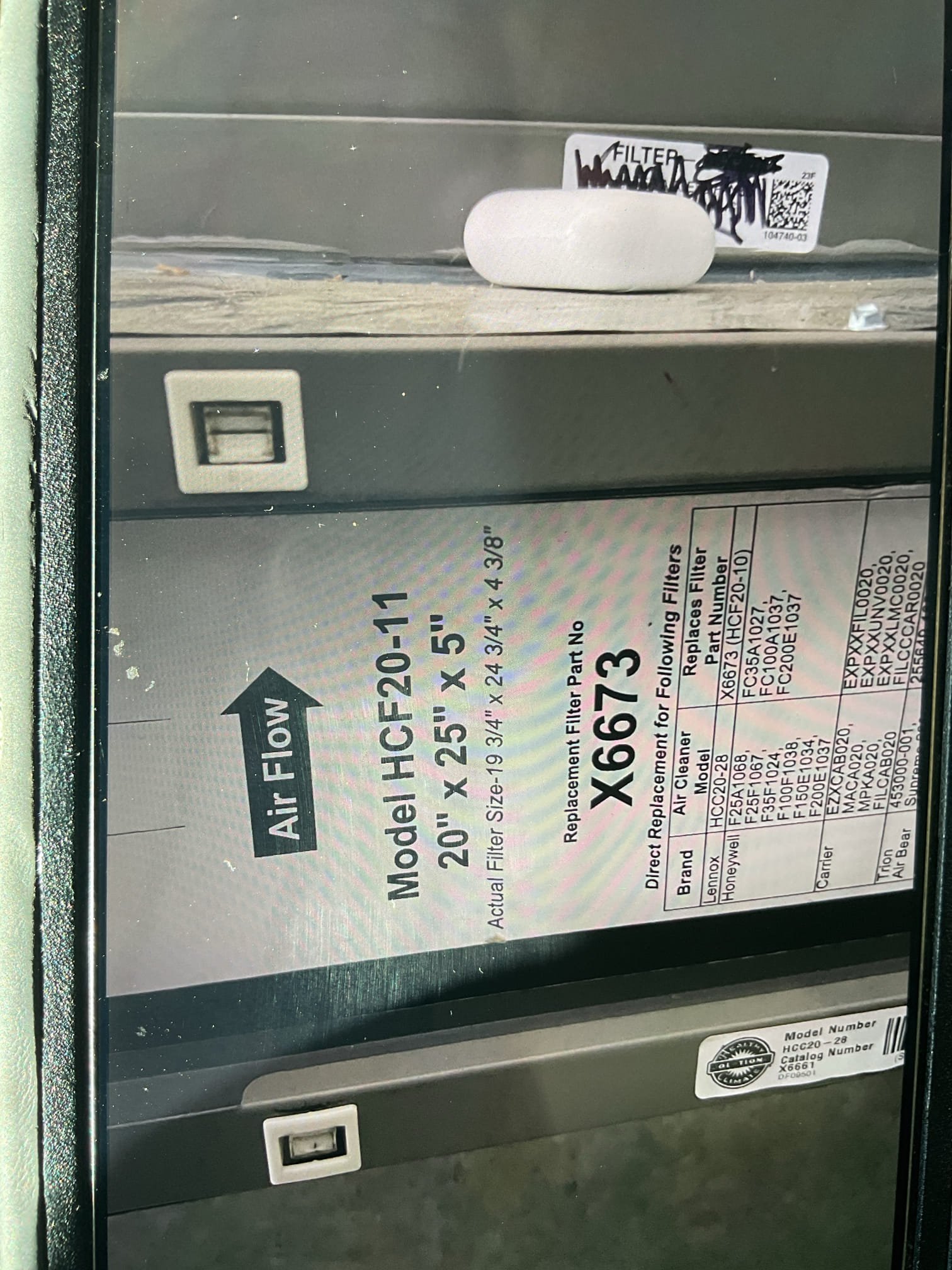 Filter I received does not fit.  It says it’s a 20 x 25 x5 but actually a 4 1/2.  I took a couple pictures to show the actual filter that we need to order.