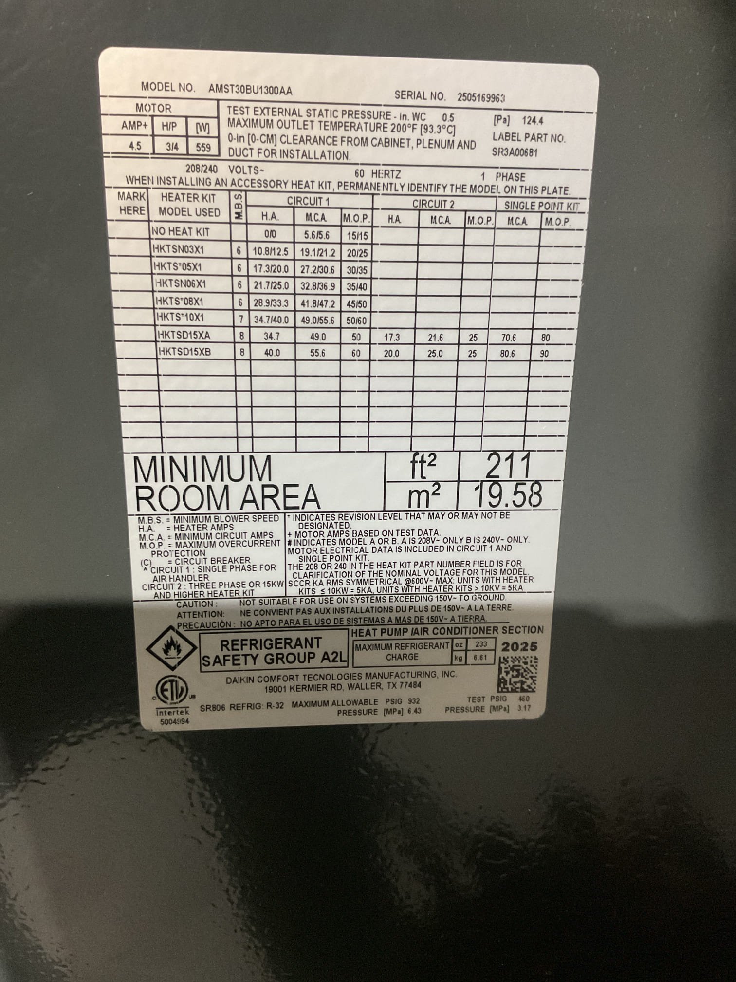 System stalled July 15 2025 through American Home Shield.

Earlier this week he noticed system not heating.
He first called Harris who said emergency heat will not work and that the heat pump is going off on high head pressure. 

When I arrived I found the thermostat W conductor landed on W2 terminal and the outdoor defrost W landed on W1. So that when he made demand for emergency heat, it would not energize.
I landed both W conductors on the W1 terminal. Now 5KW heat kit is energized. 22A 19° temp rise (63-82) Good 

Afterwards I put refrigerant probes on heat pump service ports and started heat pump.

R32 Pressures were very good 73/288; outdoor temperature 24°
I also uploaded photo of chart of high side and low side pressures. They were not chaotic and at no point did they exceed the high pressure point as noticed by tech from another company.
Temperature rise with HP and AUX 64-104 =40°

I chalk the fact the he didn’t have heat up to the low voltage wiring  issue between thermostat