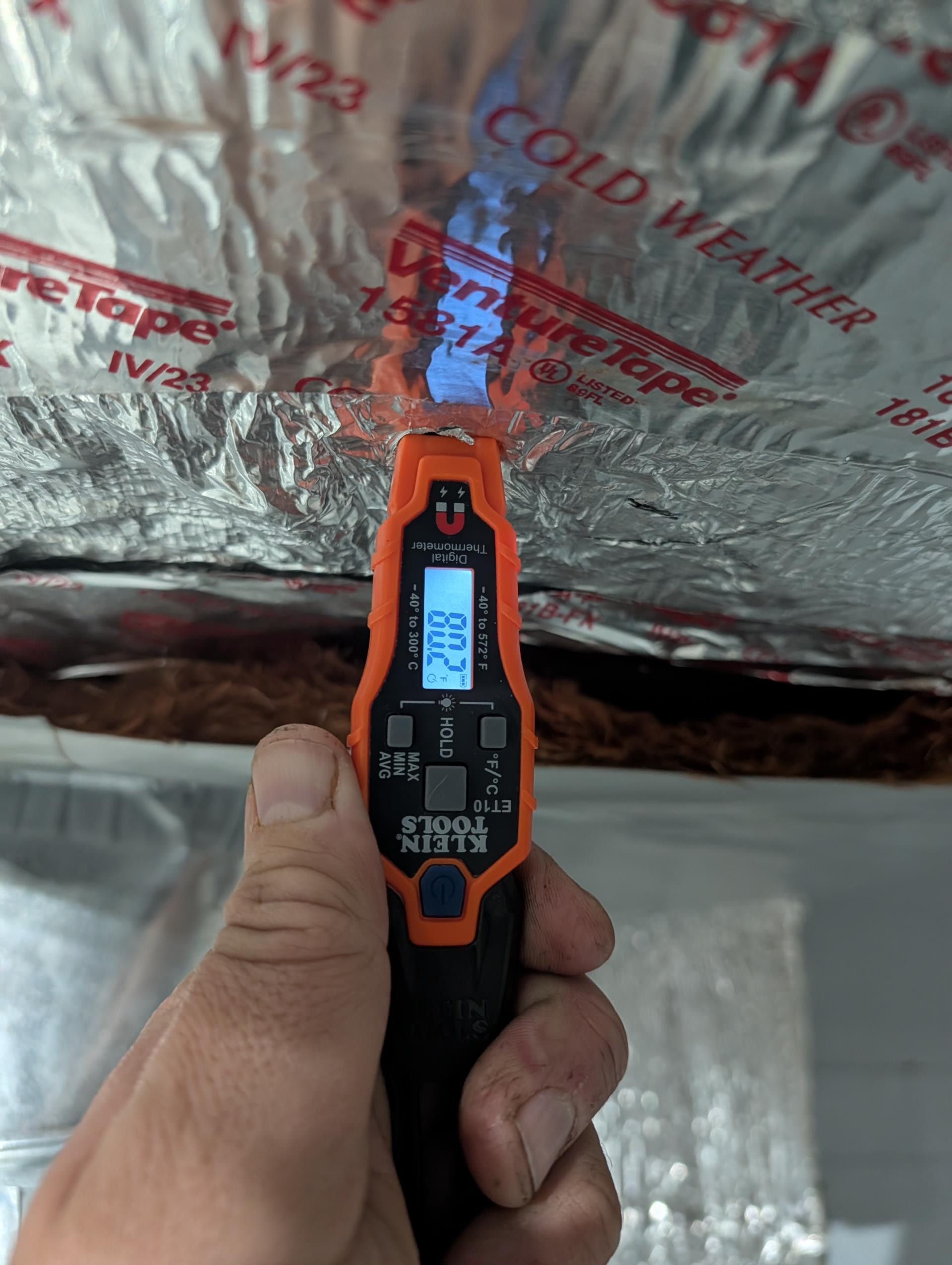 System stalled July 15 2025 through American Home Shield.

Earlier this week he noticed system not heating.
He first called Harris who said emergency heat will not work and that the heat pump is going off on high head pressure. 

When I arrived I found the thermostat W conductor landed on W2 terminal and the outdoor defrost W landed on W1. So that when he made demand for emergency heat, it would not energize.
I landed both W conductors on the W1 terminal. Now 5KW heat kit is energized. 22A 19° temp rise (63-82) Good 

Afterwards I put refrigerant probes on heat pump service ports and started heat pump.

R32 Pressures were very good 73/288; outdoor temperature 24°
I also uploaded photo of chart of high side and low side pressures. They were not chaotic and at no point did they exceed the high pressure point as noticed by tech from another company.
Temperature rise with HP and AUX 64-104 =40°

I chalk the fact the he didn’t have heat up to the low voltage wiring  issue between thermostat