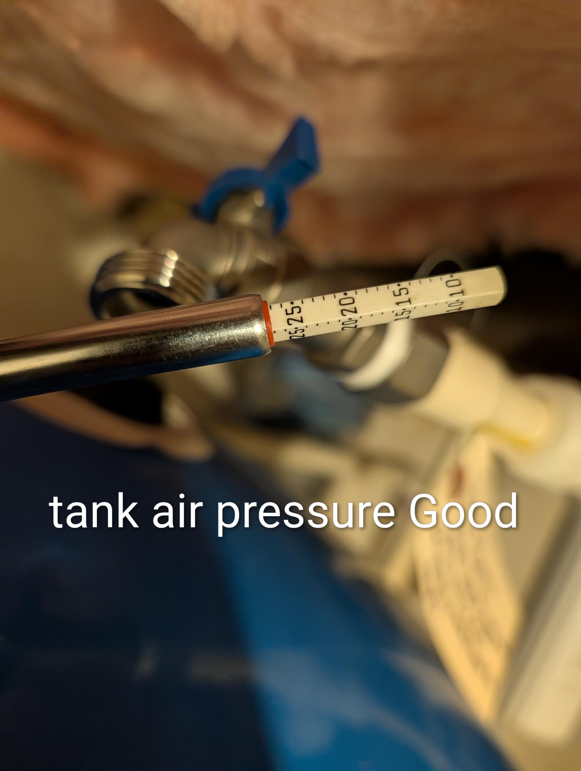 Domestic water pressure measured at tank is only 5 psi.
I made sure the air side of the expansion tank is good 28 psi.

This is a jet pump system. The culprit is either the pump itself or the foot valve at the bottom of the well.

Talked to Joe he said refer her to Thomas G Keyes. They work exclusively on wells/pumps. 