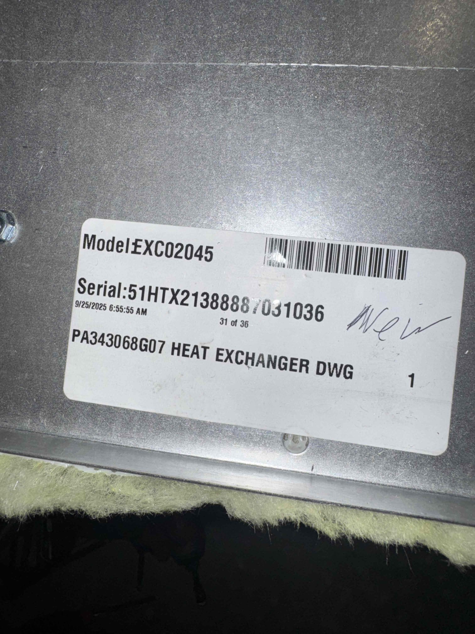 Luis 12-23-25 Replacement of heat exchanger and flame sensor, after repairs. Test system operation performed combustion test and check propane gas pressure ok. Cycle heater couple times ok. System is back in operation. 