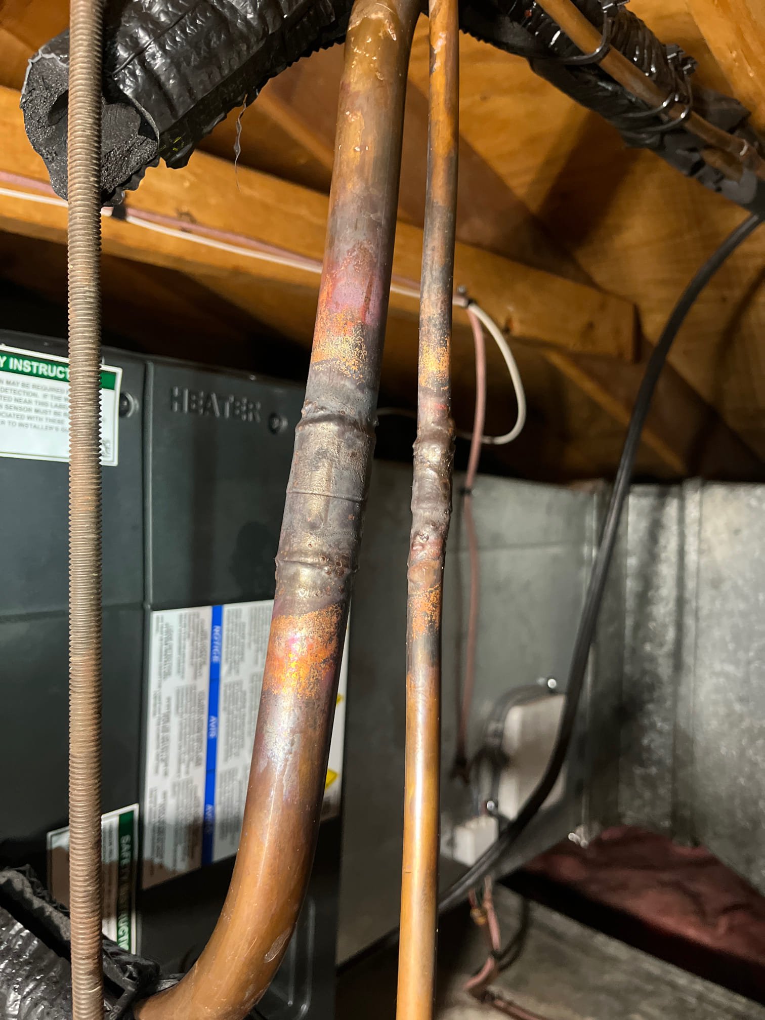 Found system has lost pressure from nitrogen was added from 250 psi to 148 psi. Checked all refrigerant joints in the system with 400 psi nitrogen. Found another leak at suction line 90 at outdoor unit. Re brazed and cleaned up all joints . Also insulated condensation pump. Replaced Exsisting bi flow filter dryer and vacuumed down system to 410 microns. Added in 8lbs 2ozs of r454b. Checked temperature rise it was 22 degrees. Checked refrigerant pressures they were 392/72. Heat pump is working properly at time of service. 