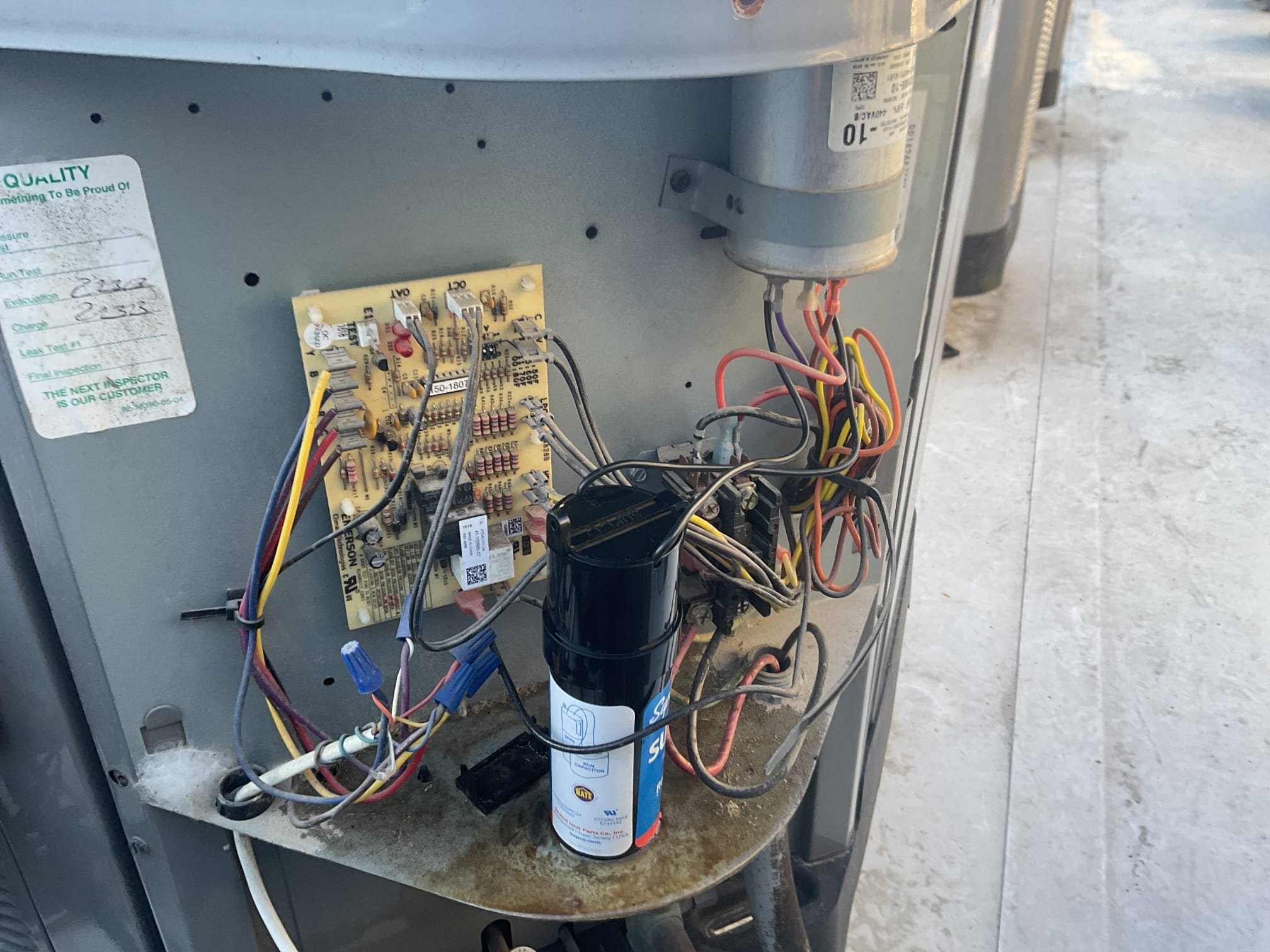Fully assessed no heating situation. Found indoor unit and outdoor running but went on the roof and found compressor trying to start but not starting. Found hard start kit has failed and broke open inside outside unit. Replaced Ssp6 hard start kit and tested operation. R410a refrigerant pressures were 327/87 good at this time ( this system is also a leaker). Checked temperature rise it was 19 degrees. Do not know if compressor will fail. Heat pump is working at time of service. 