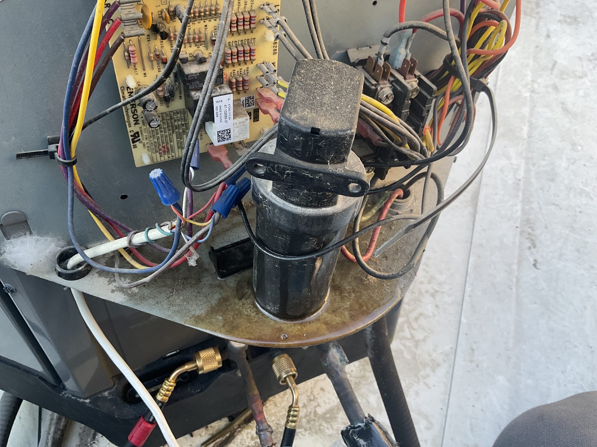 Fully assessed no heating situation. Found indoor unit and outdoor running but went on the roof and found compressor trying to start but not starting. Found hard start kit has failed and broke open inside outside unit. Replaced Ssp6 hard start kit and tested operation. R410a refrigerant pressures were 327/87 good at this time ( this system is also a leaker). Checked temperature rise it was 19 degrees. Do not know if compressor will fail. Heat pump is working at time of service. 