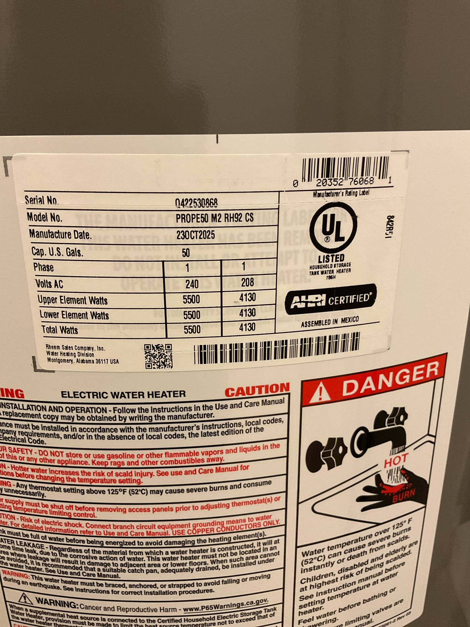 50 Gallon Electric Water heater 12 Year Tank Warranty with leak guard+Tank Booster Rheem.  Tested operations.  Made all necessary piping and electrical connections.  System is running to standards 
