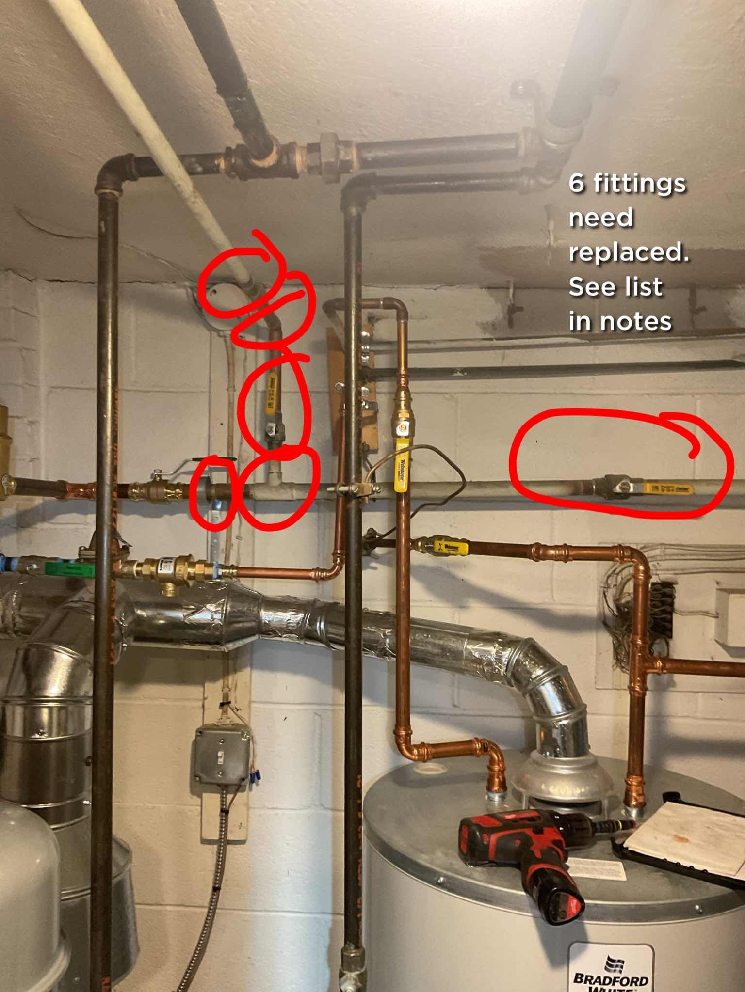 Found boiler drain valve leaking. 
Also found the 1 1/4”x 1” bushing that is piped into the temperature and pressure tee (1 1/4” x 1 1/4” x 1/4”) was leaking.
I repaired today, replaced bushing with bell reducer. However after spending time with boiler the top side of the tee was still leaking. We will need to replace the temperature and pressure gauge tee itself. 
Very very slow leak at the tee itself.
New boiler drain valve is not leaking. 

After running system found a 1” sweat coupler leaking. This was not part of our install. Ryan asked that I provide estimate to replace as many of the older sweat valves that I thought were problematic or could become problematic as possible.

Provided email estimate to replace problem fittings only.
Provided email estimate for problem fittings plus additional fittings on supply piping.
Please give technicians time because they will have to purge system after repairs are made. 

Boiler operating well at this time. There is a bucket under the slow 