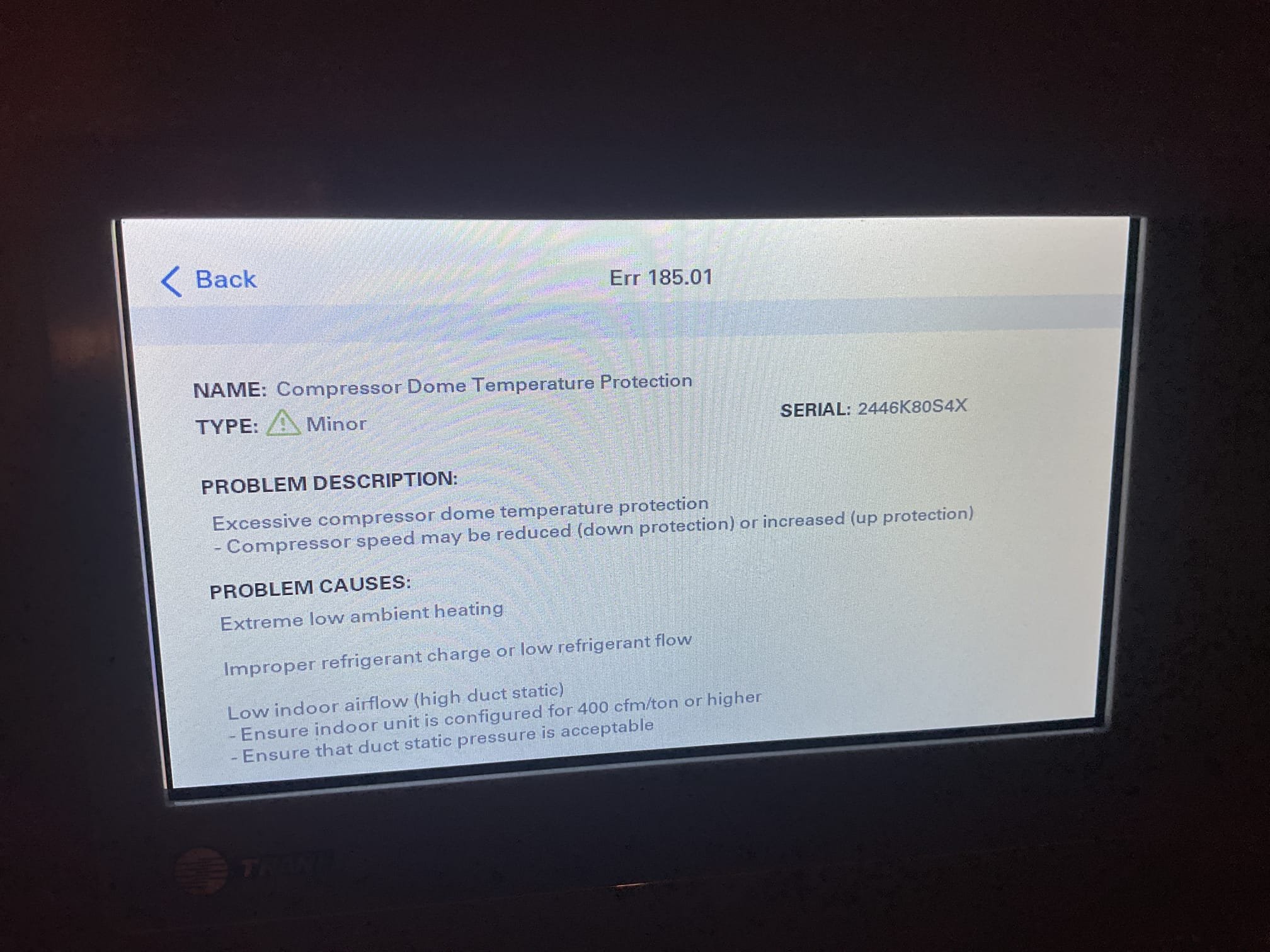 Fully assessed no heating situation. Found heat pump running when I arrived. R454b refrigarant pressures were 354/45. System then went through defrost cycle. Refrigerant pressures were then 332/54. Found that the thermostat was set to 74 and only reaching 69 degrees. Found system is consistently locking out on dohm sensor. Checked resistance of dohm sensor it is a 10 k ohm sensor at 70 degrees. Sensor was reading about 8600 ohms. Found that as the system was running eev valve was consistently freezing on the one side. And when system was at 100 % suction pressure was only 45. Will go over all info with tech support. Also found that there were no software updates in app. Heat pump is working but not at 100% 