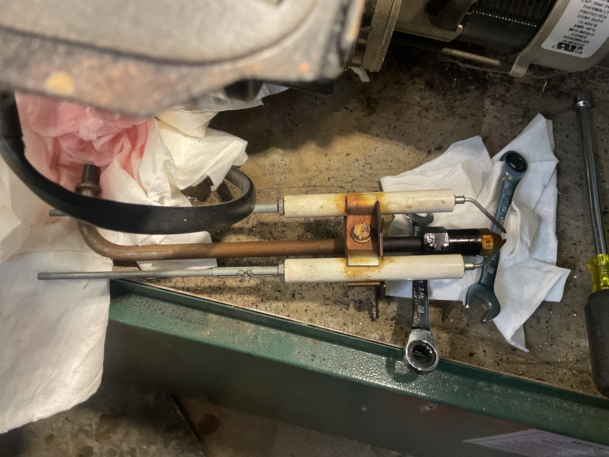 Fully assessed no heating situation. Found burner locked out on primary control. Oil tank is at about 1/4 tank but oil line is pulling from the top of tank. Oil furnace is from 2003 and duct work is terrible only 2 7” runs coming off of metal box for supply plenum, oil furnace bounces off of limit. Found.85x70 a nozzle was junked up. Replaced and furnace fired up. Oil is somewhat brown in color because it is getting low. Since line pulls from the top don’t know when it could run out of oil suggested getting oil soon. Would recommend thinking about replacement and modifying duct work. Oil furnace is working at time of service. 