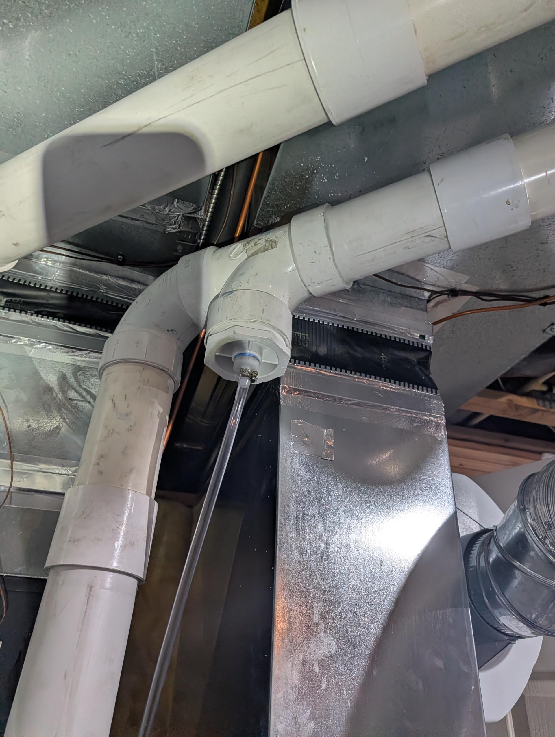 
Completed heat tune up for natural gas furnace.

16x25x1 filter ok
Inspected heat exchanger, burners, flue pipe, inducer assembly and hoses:
Found leak in 3” exhaust elbow also found leaking secondary cover plate homeowner agreed to repair both. Installed 3” pvc wye I. Exhaust with barb and tubing to divert water directly to pump. Removed cover plate and caulked. Allowed to dry after reassembly. The. Tested furnace
Inspected hot surface ignitor and verified resistance with meter
Cleaned flame sensor and verified flame rectification circuit
Measured temperature rise and static pressure
Checked wiring, controls, electric motors and components; there are no surge protectors; left estimate for a surge protector for blower motor 
Checked mainofold gas pressure
Inspected drain and pump. There is a condensate pump safety but no EZ trap. Left estimate for EZ trap.

Combustion, draft and smoke tests: Pass

He recently replaced his Aprilaire 35 water panel. I opened saddle valve a little to all