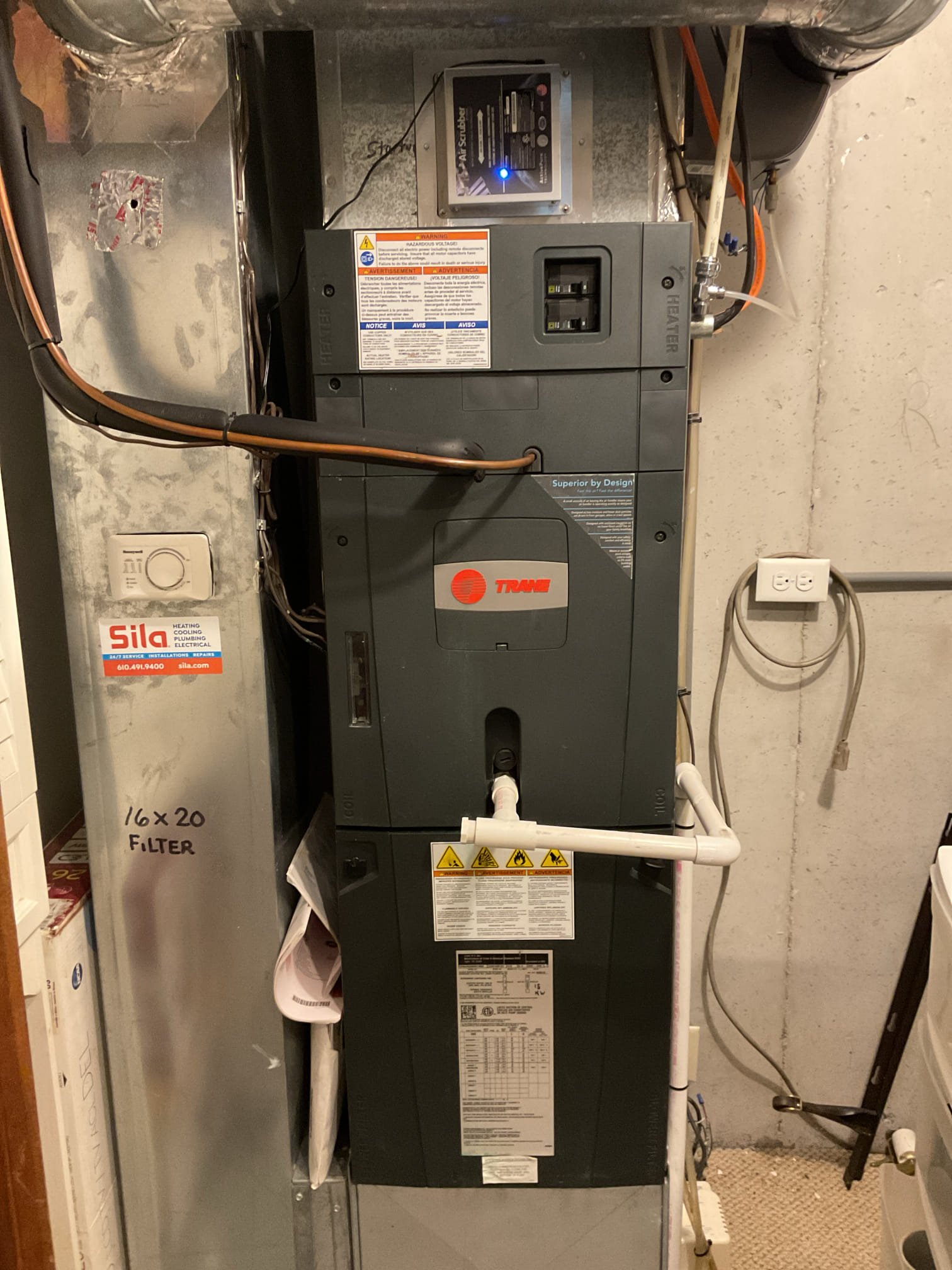 I Arrived to the customers home for a heat pump check up on a 12 yr old system . I checked all electrical connections and voltages . I checked the air filter and replaced, filter size is 16x20x1 . Inspected the indoor coil and tested electric heat package. Took temp splits for the electric heat and blower motor amperage draws. I looked at the outdoor heat pump and tested for an outdoor btu output. Inspected the outdoor components and unit pressures. Everything is working fine at this time of service. 
