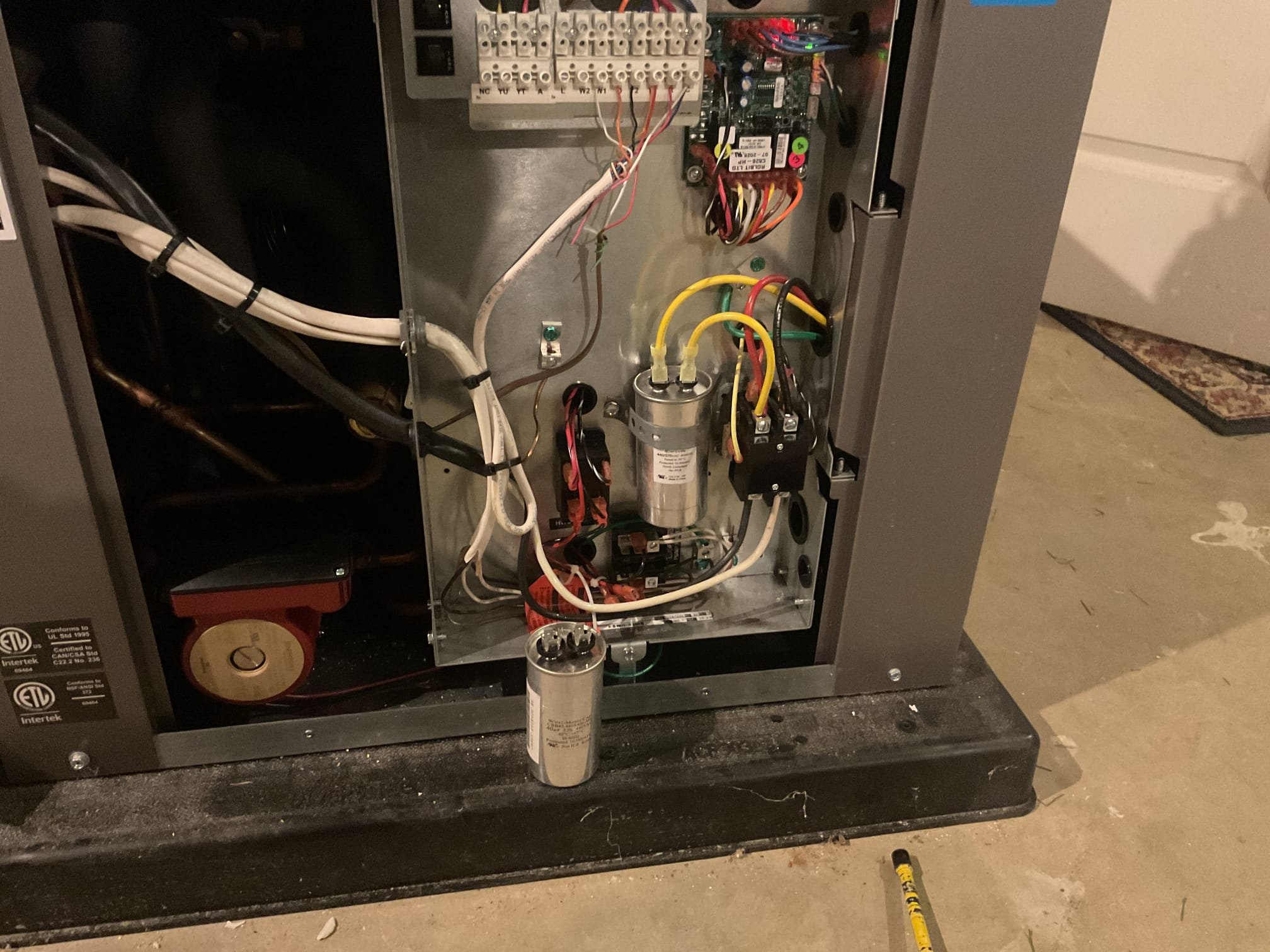Fully assessed overheating situation. There is a total of 8 zones in the home. Found that the kitchen zone that is connected to this geo was accidentally left in fan on position. Turned back to auto and air stopped blowing in office area. While on site customer wanted to replace weak capacitor for geothermal unit in the basement replaced and tested operation. Geothermal is working properly at time of service. 
