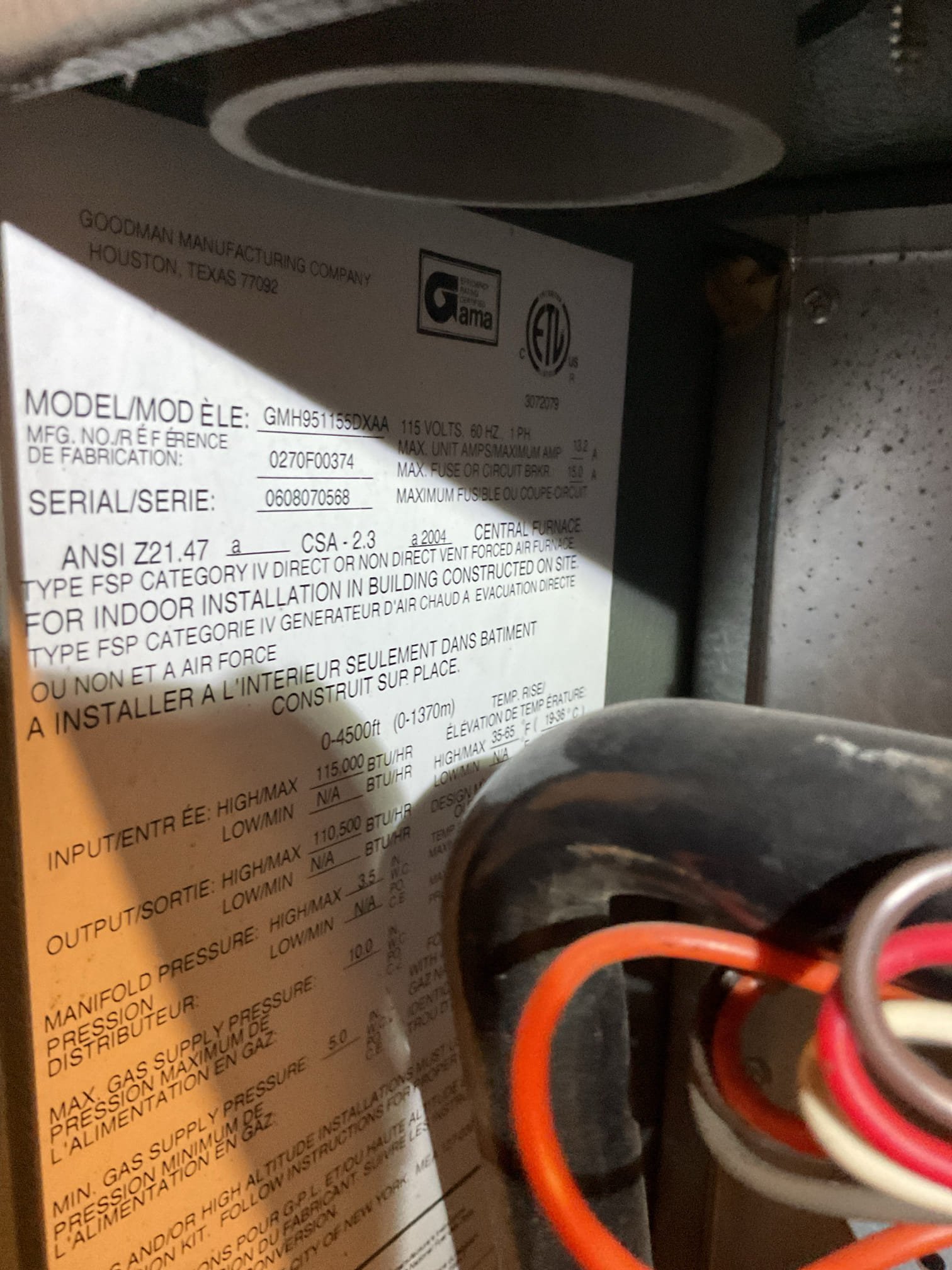 Propane furnace Goodman  dating to 2006-2007 as is the AC (5 Ton)

Found system locked out on resettable rollout switch (left hand side).
Also found a very old filter dated 9/20/22 in the blower compartment along with a more recent filter in filter rack. I removed dirty filter. 
Lots of corrosion on front burner plate.
Also found debris in the port and tubing to the collector box pressure switch rated (-.60”) preventing it from closing. Cleared port and tubing. 
Also cleaned flame sensor. 

Burners in very bad condition. 
Inducer motor bearings very noisy. Ignitor has hot spots.

Combustion test passed. parts per million carbon monoxide peaked at 88 parts per million then gradually decreased back to 64 ppm after 12 min run time.
Smoke test also pass but because of corrosion on burner plate immediately in front of burner the shape of flame is not ideal and this is likely the cause of the rollout switch opening. 

Condensate water from secondary heat changer very dark in color.

Made 2 E