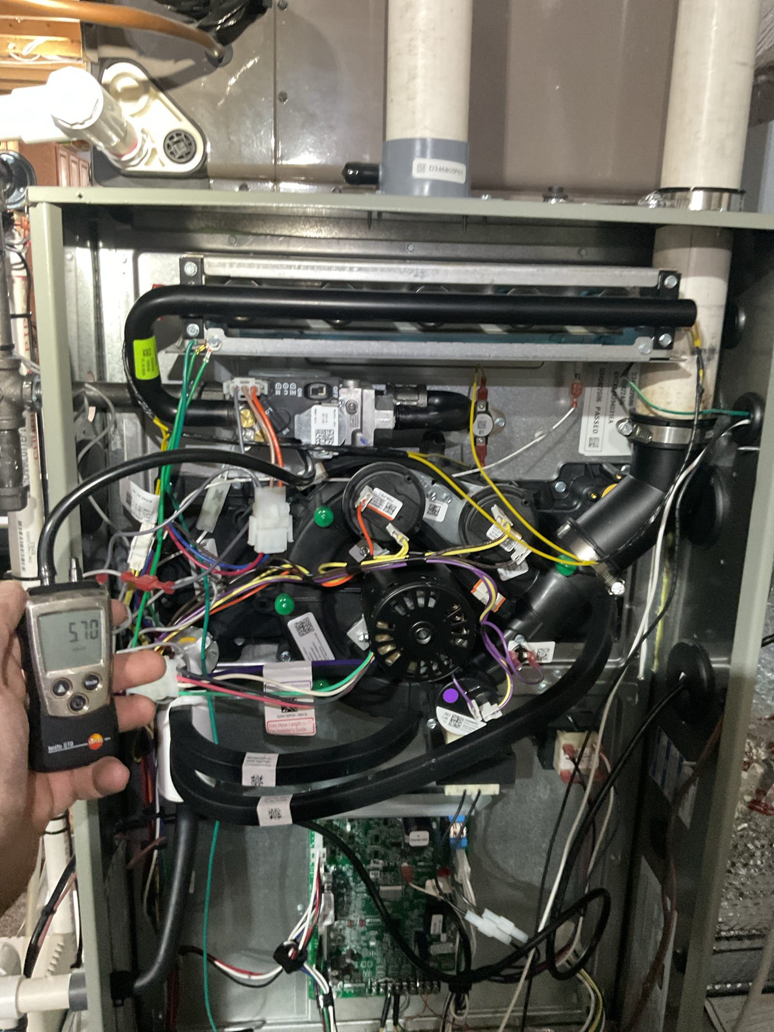 Completed QA for gas furnace install 100,000 BTU propane 2-stage high efficiency.

Filter size is Aprilaire 213, in good condition 

Assessed all aspects of furnace install: mechanical: piping, ductwork connections, wiring, control settings, etc. Heating fan speed set to ArF 1620
Verified manifold propane pressures.
Inspected flame sensor and ignitor.
Measured temperature rise
 Edified that blower motor surge protector was installed 

Combustion test: Pass 

Left estimate for bypass humidifier with manual control. He agreed. Collected half of balance. We will schedule. 

Gas furnace install passes QA inspection. 

Hot water is slow to get to temperature at all faucets in the house. I will forward to management to decide if we can offer a recirc pump. 
