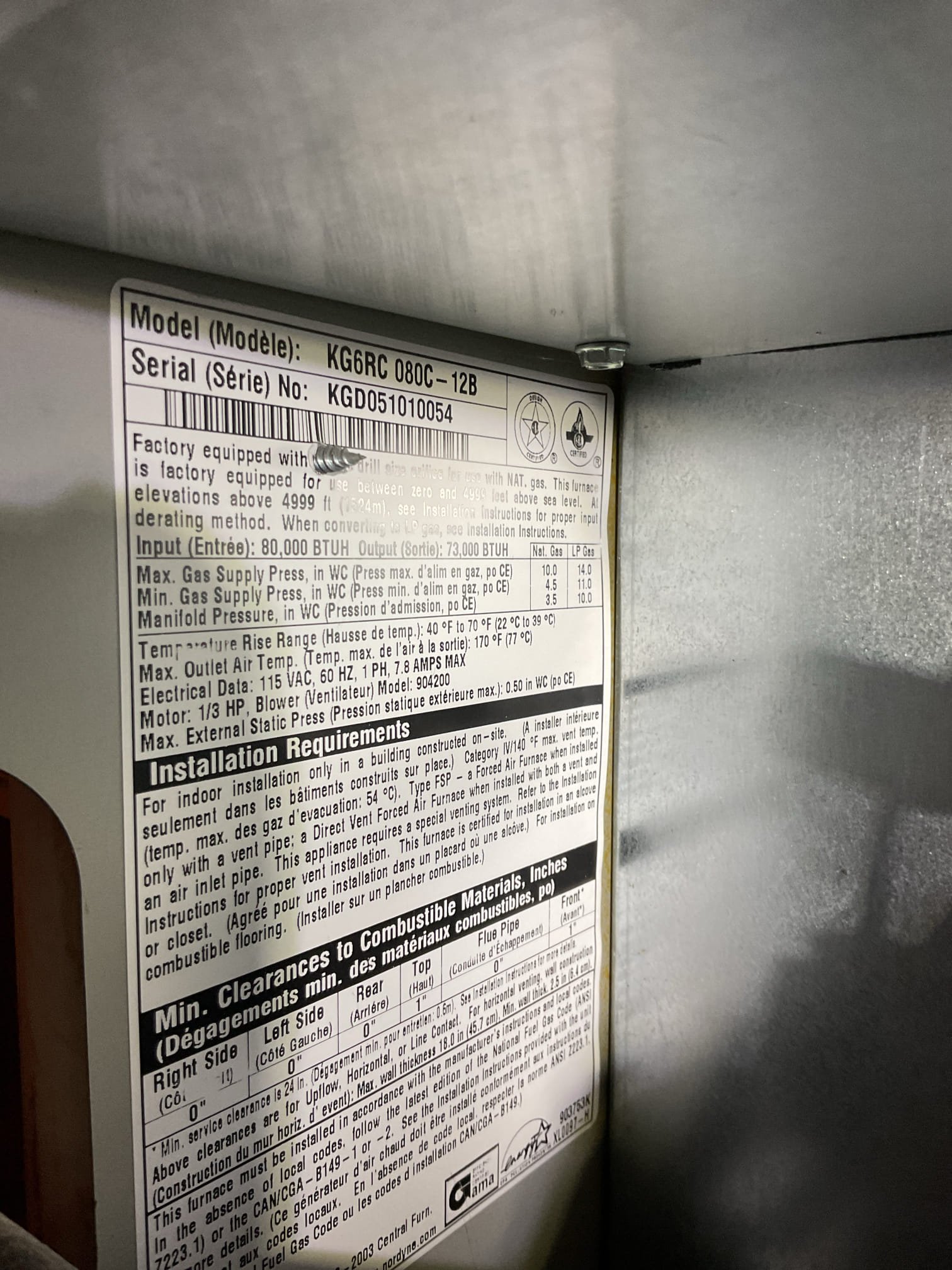 Found failed pressure switch rated at -1.74”
Measured draft pulled by inducer to be -2.15” more than enough, however electric 
Electrical contacts were not closing thereby preventing the trial for ignition of gas furnace from completing. 

Offered to install, configure universal pressure switch. 

Afterwards tested system operations.
16x20x1 filter ok

Combustion test: Pass

Jim is aware of age of system. I told him I would replace before it becomes a headache. Major component breakdowns will be very expensive.

System operating well at this time. 