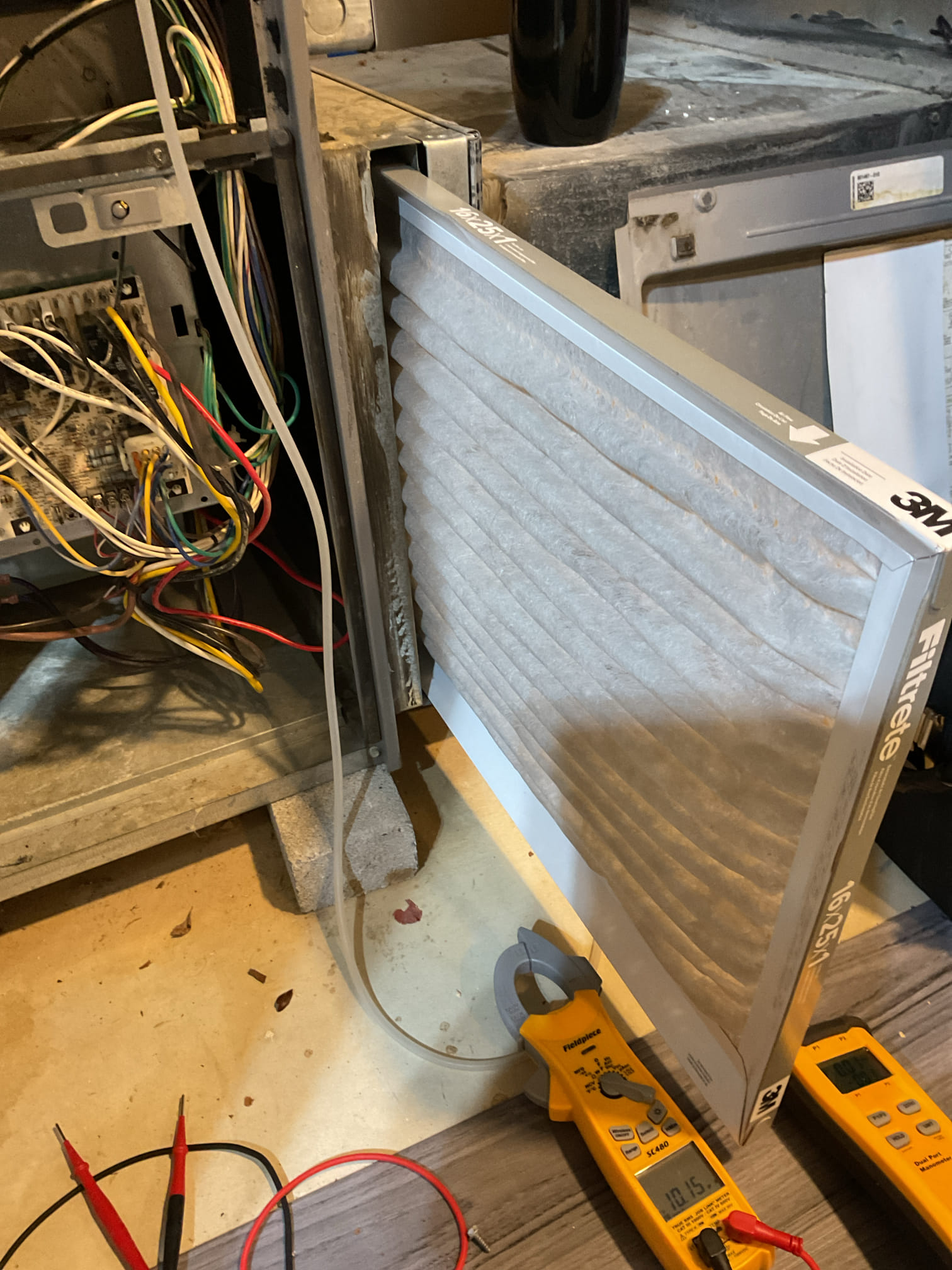 I arrived to the customers home to service their 11 yr old gas furnace system. 
I started with checking the air filter and found good the filter size is 16x25x1. I checked all my electrical connections and voltages. I inspected and tested the  burners , flame sensor and the igniter. I water tested all tubing and hoses. I inspected the exhaust and fresh air pipe for restrictions and bellies. I inspected the inducer and the blower motor operation. I checked and tested for combustion and took temp rise splits at the return and the supply. Everything is running fine at this time of service. 