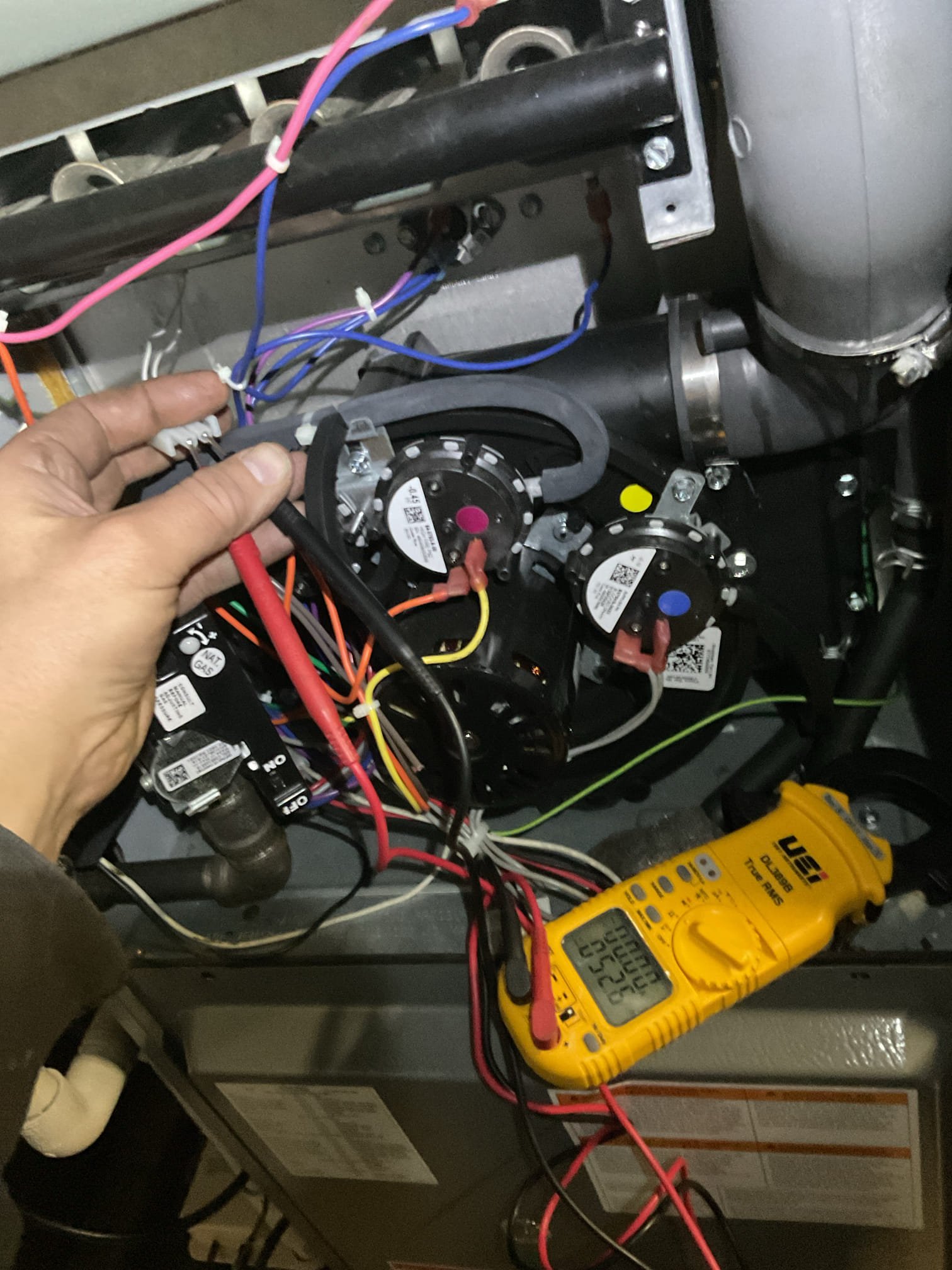 
Completed heat tune up for natural gas furnace. 80,000 BTU modulating, 

Replaced Aprilaire 413 filter provided by homeowner

Inspected heat exchanger, burners, flue pipe, inducer assembly and hoses
Inspected hot surface ignitor and verified resistance with meter
Cleaned flame sensor and verified flame rectification circuit
Measured temperature rise and static pressure
Checked wiring, controls, electric motors and components; there are no surge protectors; left estimate for a surge protector for each of the 2 main circuits of system

Inspected drain and pump. There is a condensate pump safety but no overfill protection switch. Provided estimate for drain pan safety switch.
System also lacks floor water safety. Provided email estimate for wet switch: will shut equipment down if water is detected on floors near equipment
The room just outside furnace has hardwood floors. 

Combustion, draft and smoke tests: Pass

Gas furnace is operating well at this time. 