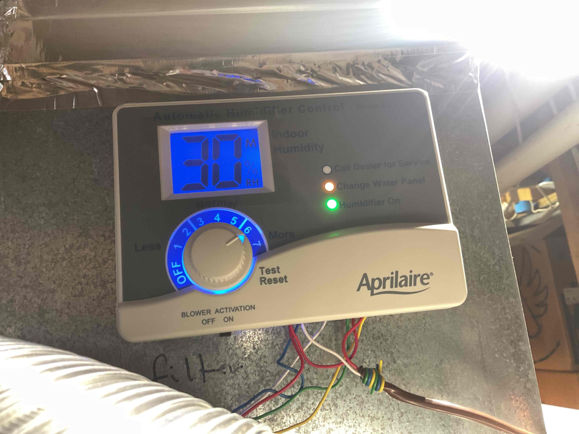 Fully assessed humidifier operation. Found humidifier working properly and had water in the tray. Talked to customer about upgrading to Aprilaire 600 humidifier and still using automatic control on system. Provided estimate. Customer was concerned because the change water panel light was flashing and humidifier was recently serviced. Explained to him that this is just a timer in the control and if it was not going off while we were on site it doesn’t always get reset. Found automatic control reading 30% humidity. Also found that after looking into we used customer supplied pad during that service and homeowner was not charged to fully service humidifier. Used psycrometer and found humidity was between 30% and 31% not terrible. Humidifier is working at time of service. 