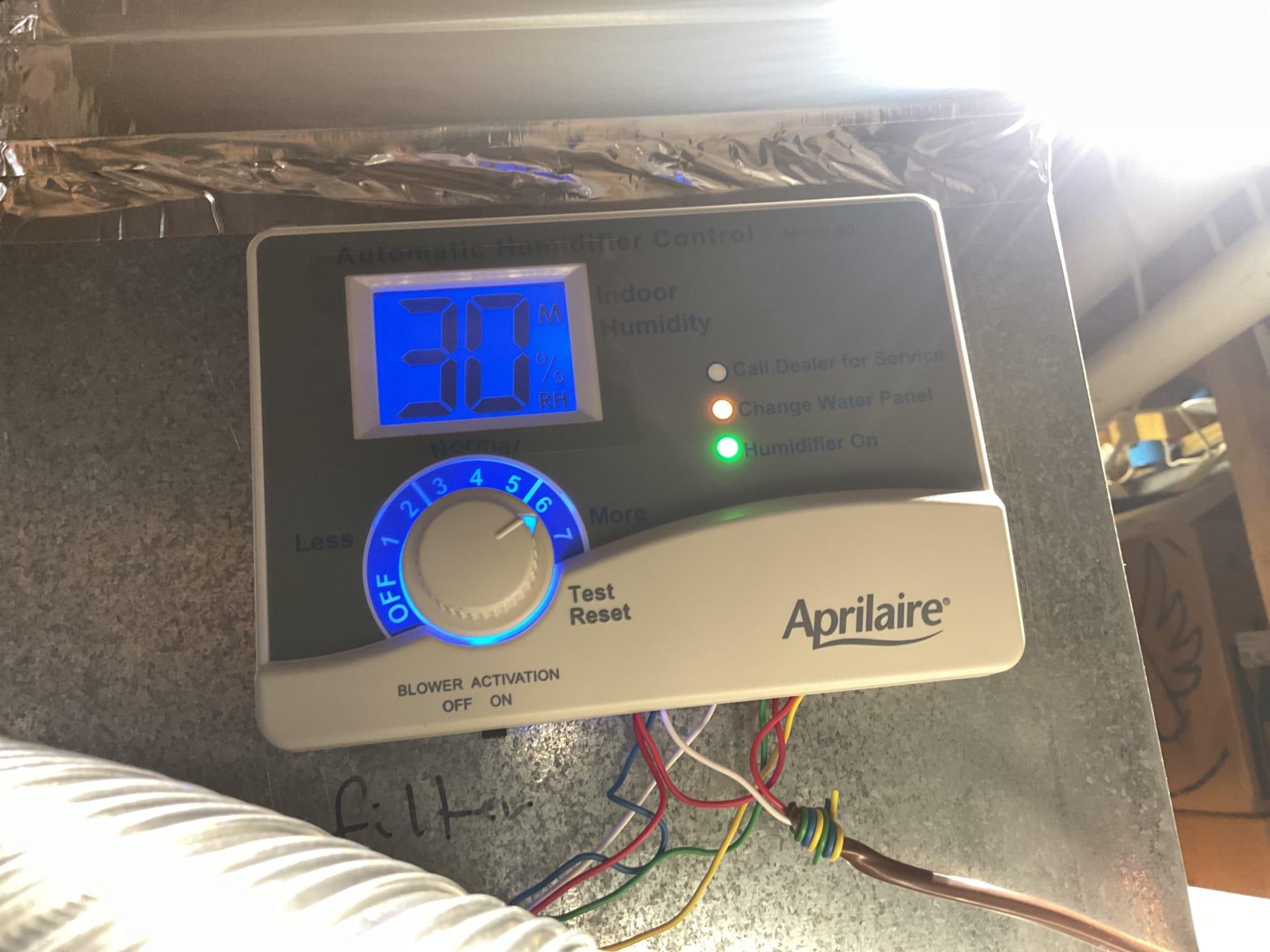 Fully assessed humidifier operation. Found humidifier working properly and had water in the tray. Talked to customer about upgrading to Aprilaire 600 humidifier and still using automatic control on system. Provided estimate. Customer was concerned because the change water panel light was flashing and humidifier was recently serviced. Explained to him that this is just a timer in the control and if it was not going off while we were on site it doesn’t always get reset. Found automatic control reading 30% humidity. Also found that after looking into we used customer supplied pad during that service and homeowner was not charged to fully service humidifier. Used psycrometer and found humidity was between 30% and 31% not terrible. Humidifier is working at time of service. 