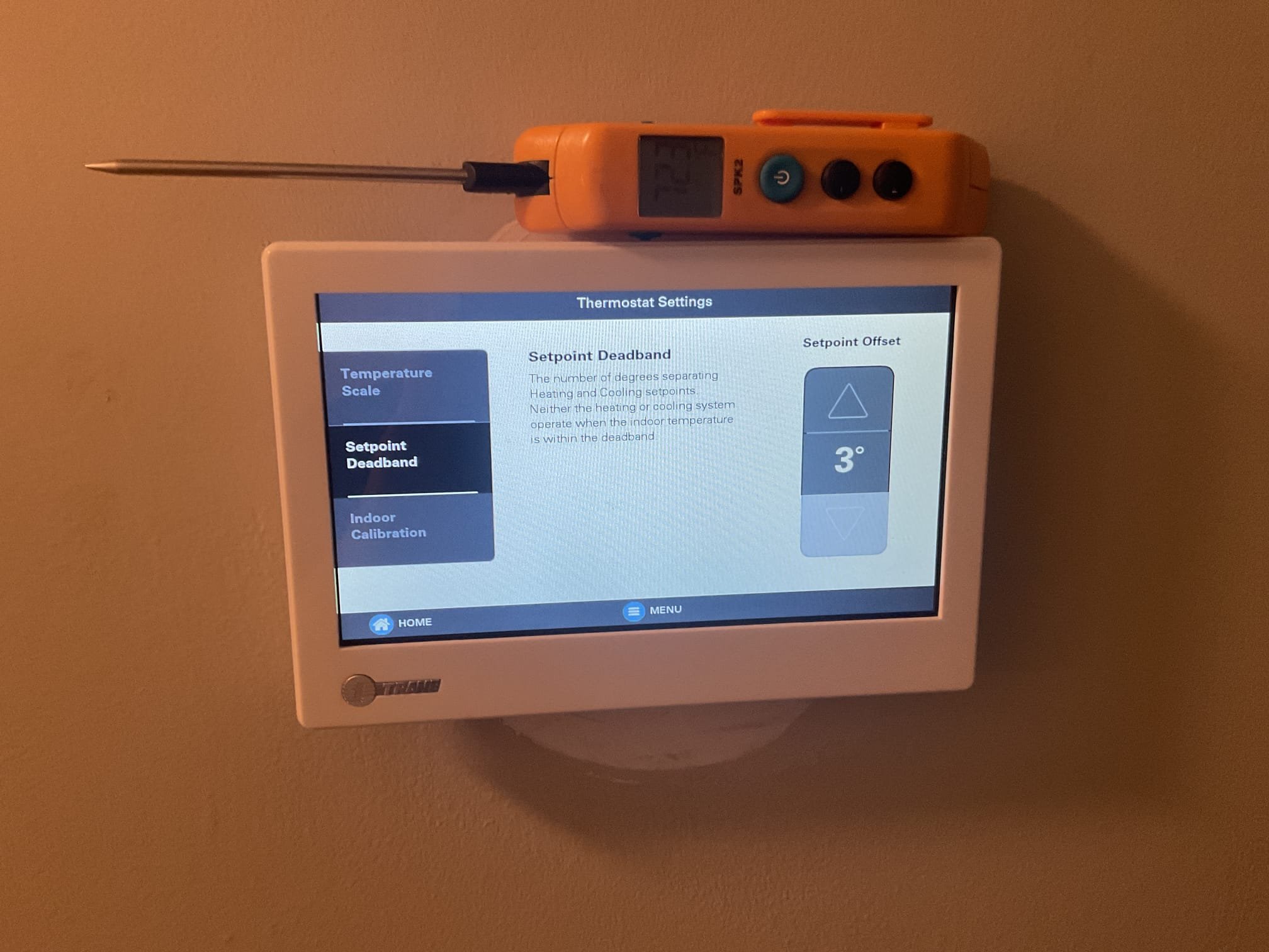 Fully assessed 2025 trane link heat pump. Found settings in the thermostat were good for auxiliary heat. Lock out for aux was 36 degrees. Did find that the thermostat was reading 65 degrees when it was 72 degrees in the home. Calibrated thermostat by 4 degrees to make temperature accurate, this will cause system to run less. Checked temperature rise it was 29 degrees. 454b pressures were good. Heat pump is working properly at time of service. 
