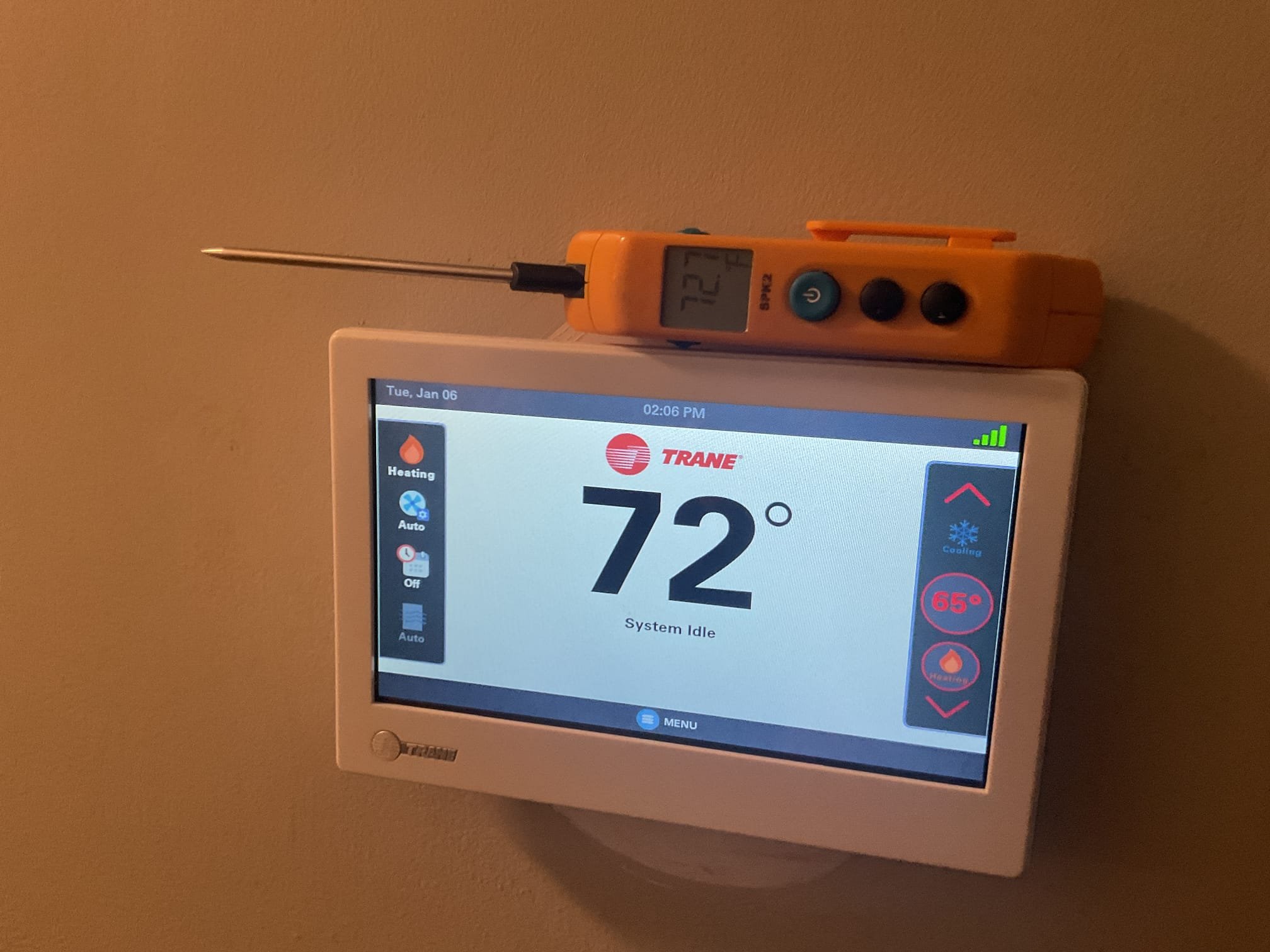 Fully assessed 2025 trane link heat pump. Found settings in the thermostat were good for auxiliary heat. Lock out for aux was 36 degrees. Did find that the thermostat was reading 65 degrees when it was 72 degrees in the home. Calibrated thermostat by 4 degrees to make temperature accurate, this will cause system to run less. Checked temperature rise it was 29 degrees. 454b pressures were good. Heat pump is working properly at time of service. 