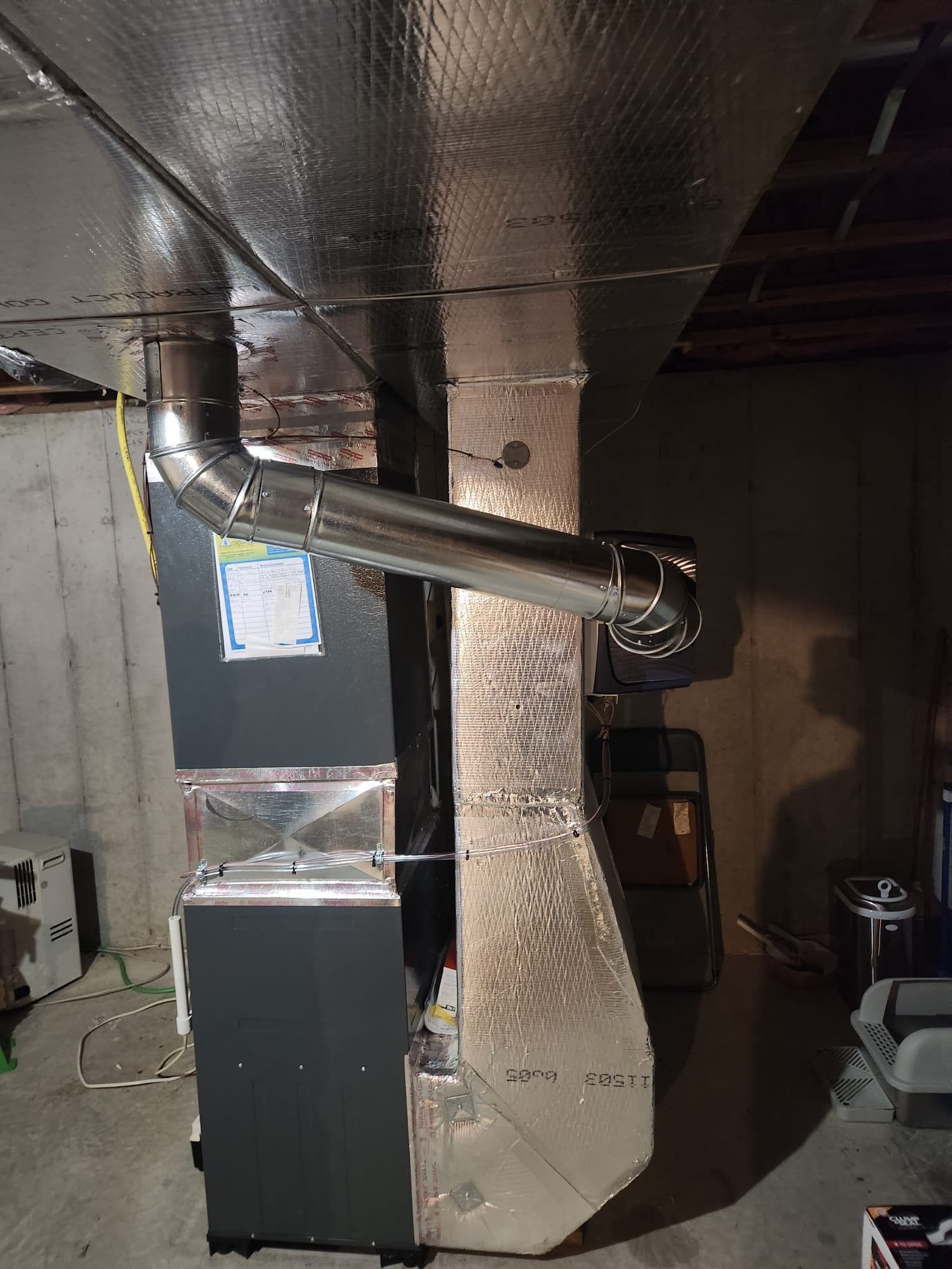 Installed new aprilaire 620m bypass Humidifier. Cut out hole in return and mounted Humidifier. Installed takeoff in Supply and ran hard pipe to Humidifier. Wired Humidifier into existing eim using u1 terminals. Ran Humidifier drain to existing condensate pump. Reprogrammed thermostat and tested operation. 