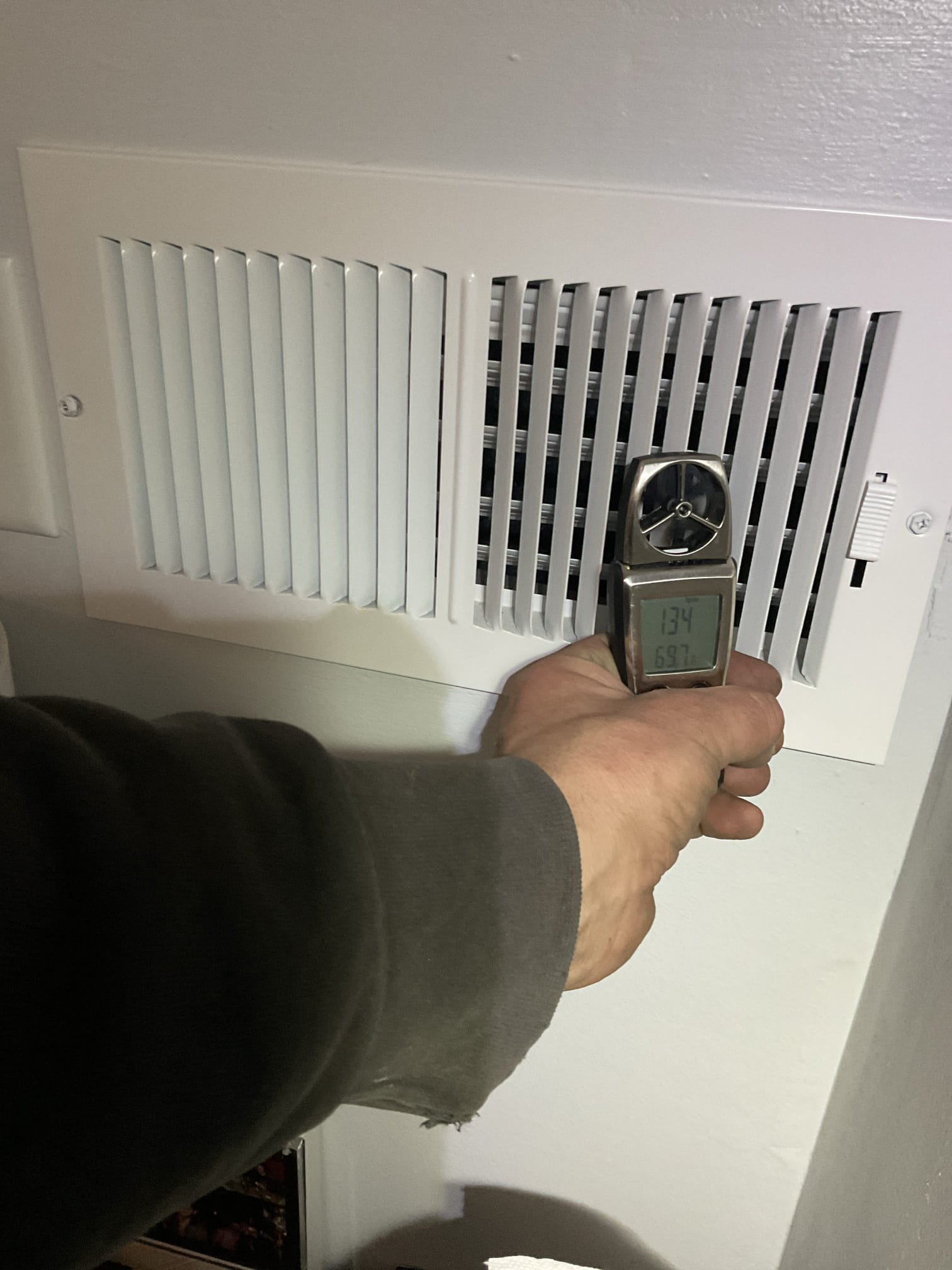 Completed heat tune up for heat pump with 10KW electric heat kit,

Replaced (1) 14x14x1  filter; they need to replace the other one soon. 
Indoor and outdoor coils in good condition.
Inspected wiring, controls, electric motors and components. 10KW electric heat kit 40A: Good
Measured temperature rise and static pressure
Inspected drains. There is no trap or overfill protection switch on drain line. The drain is on the negative side of airflow and needs to be trapped. Provided email estimate for EZ trap. 
Verified integrity of compressor and defrost cycle 
Checked refrigerant charge/pressures.

Heat pump operating well at this time, 

They said they had lower airflow to their bedroom which is farthest point from AIr handler. Found supply plenum sagging and off the equipment breech. Set back into place. Now all supplies are a little more balanced.
Much quieter in daughter’s room now. About 225 rpm on each 6x10 supply grille now with the exception of the furthest one which is 200.

They p