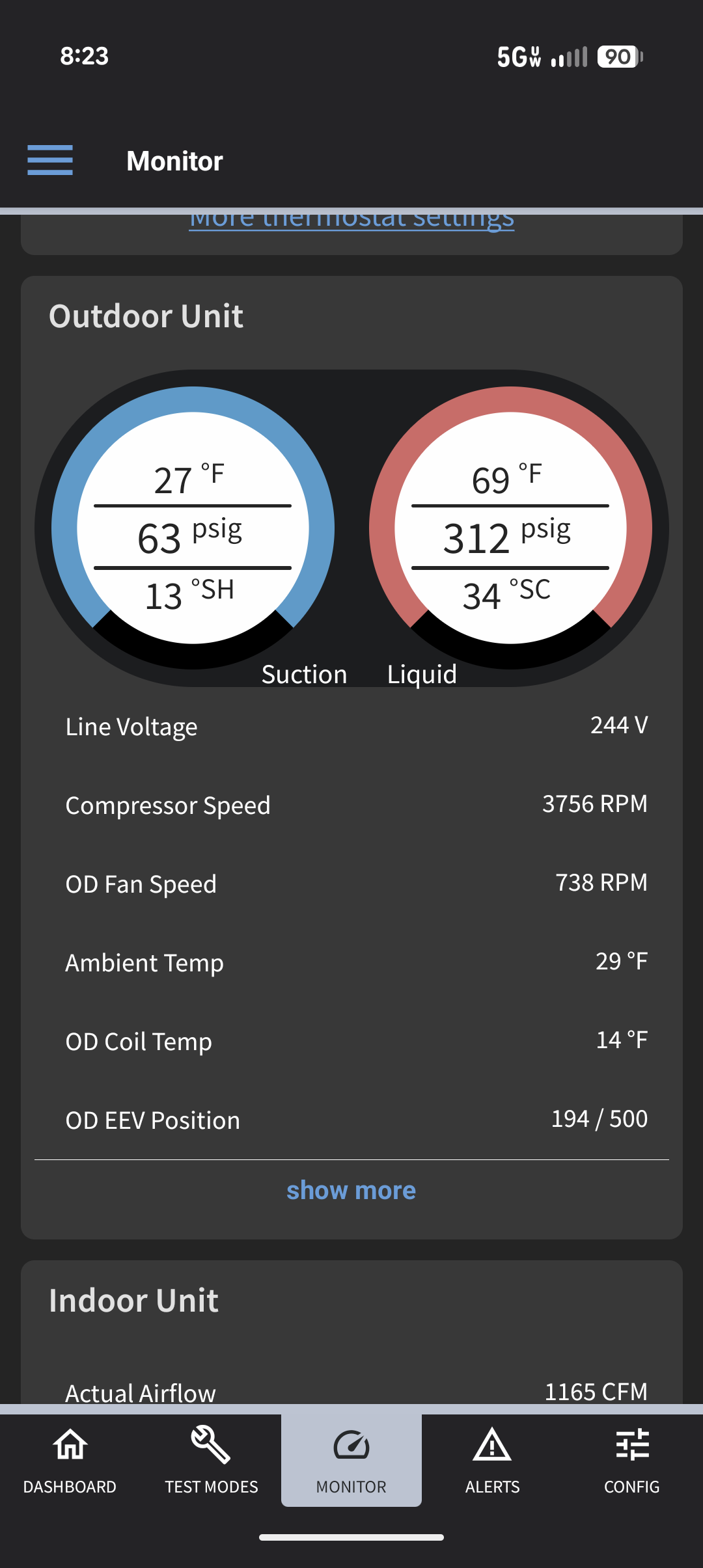 Issue was they would wake up and temperature in house would be 61° on some mornings.
He is using a schedule.
I went through configuration. Aux heat lockout 35°F. Compressor lockout disabled. Good. 
Set defrost termination temperature to High in configuration

I also noticed the thermostat was displaying 2° lower than the temperature read by a probe. 

Showed him how to use “Hold Temp” as opposed to a schedule. 

Checked pressures as compared to chart matches 65-67 psi suction pressure with outdoor temperature 33°F.

During my time here thermostat satisfied. 

System operating well at this time. 