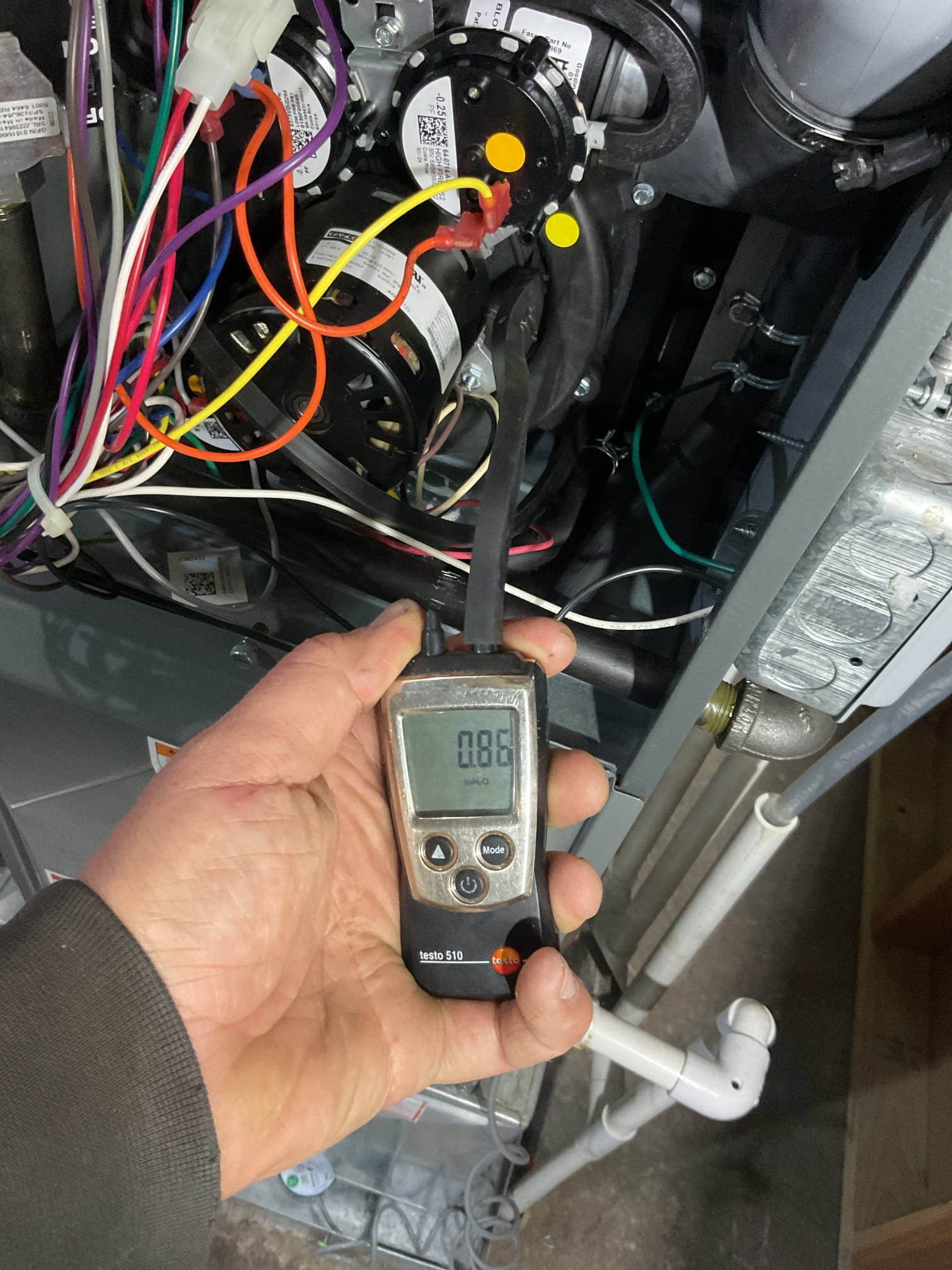 Luis 1-5-26 customer called in for issues with heater. He has to reset power on and off for heater to come back on. I check error coded history and is showing ee1 low pressure switch stocked closed. I check pressure switches and I did noticed during troubleshooting contacts would stayed on when inducer not running, only did it once while on site. I would recommend replacement of pressure switches. Provided estimate to replace switches under parts warranty. Customer approved repairs. Office to order parts.

1/9/26

Replaced furnace pressure switches.
Measured draft at both points using a manometer (secondary cover box and inducer) Draft is good (-.88”)
Tested system. Temperature rise Good
Combustion and draft tests: Pass

System operating well at this time. 
